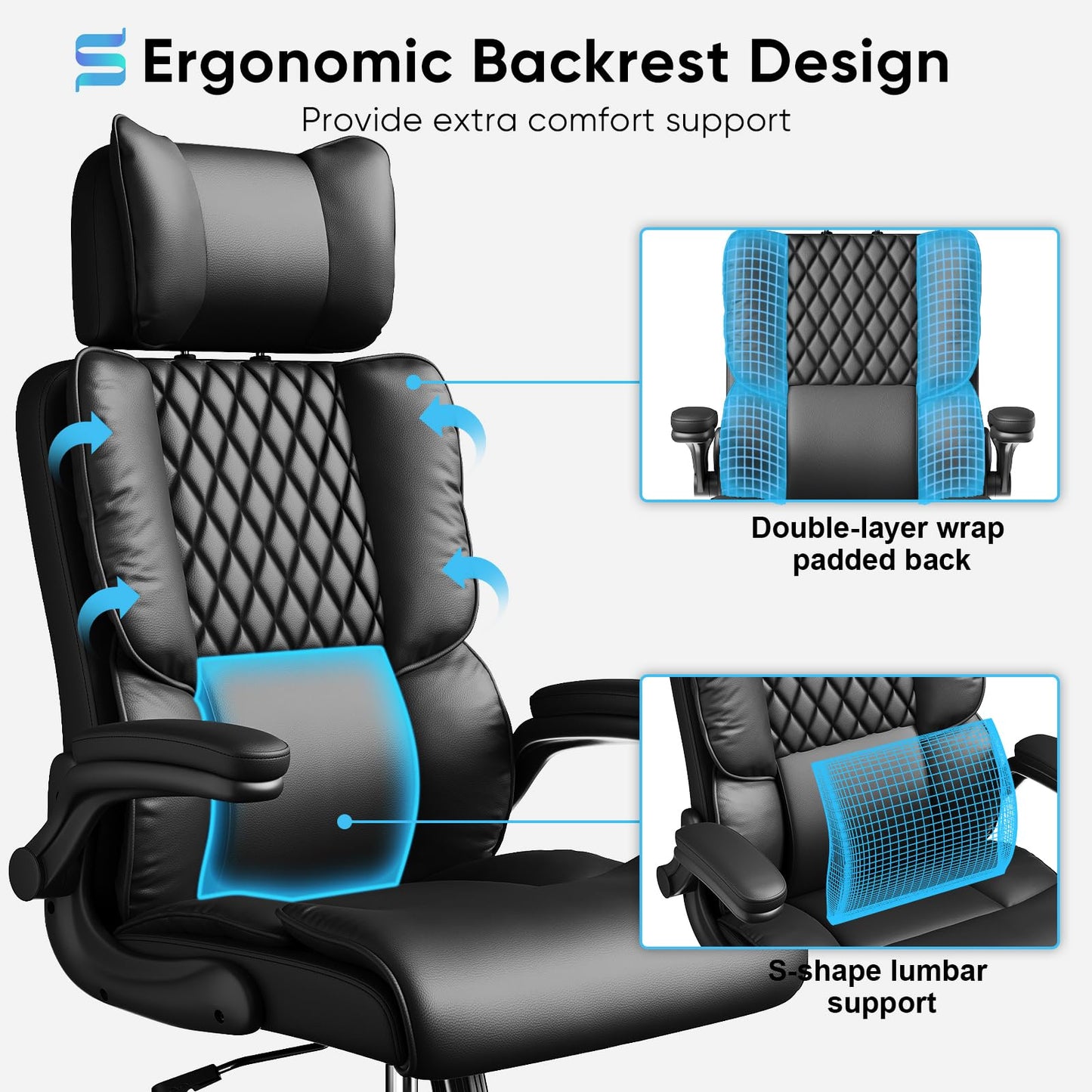 Sytas Ergonomic Office Chair with Adjustable Headrest, Executive Leather Desk Chair with Upgraded Lumbar Support for Lower Back Pain Relief, Thickened Backrest Computer Chair for Home Office, Black