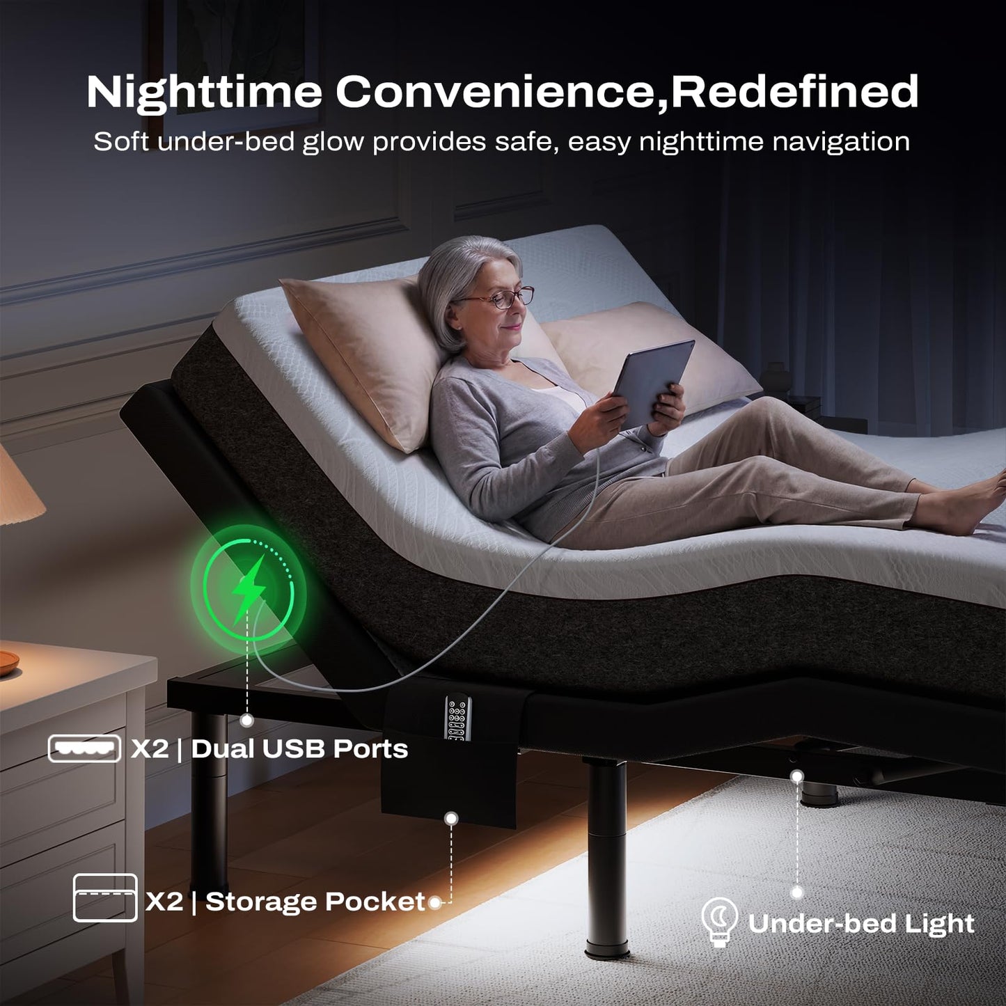 DOMIA Full Adjustable Bed Frame with Massage, Electric Bed Base with Head & Foot Incline, USB Ports & LED Night Light, Side Pocket, Wireless Remote, 3 Height Options, Zero Gravity, Easy Assembly