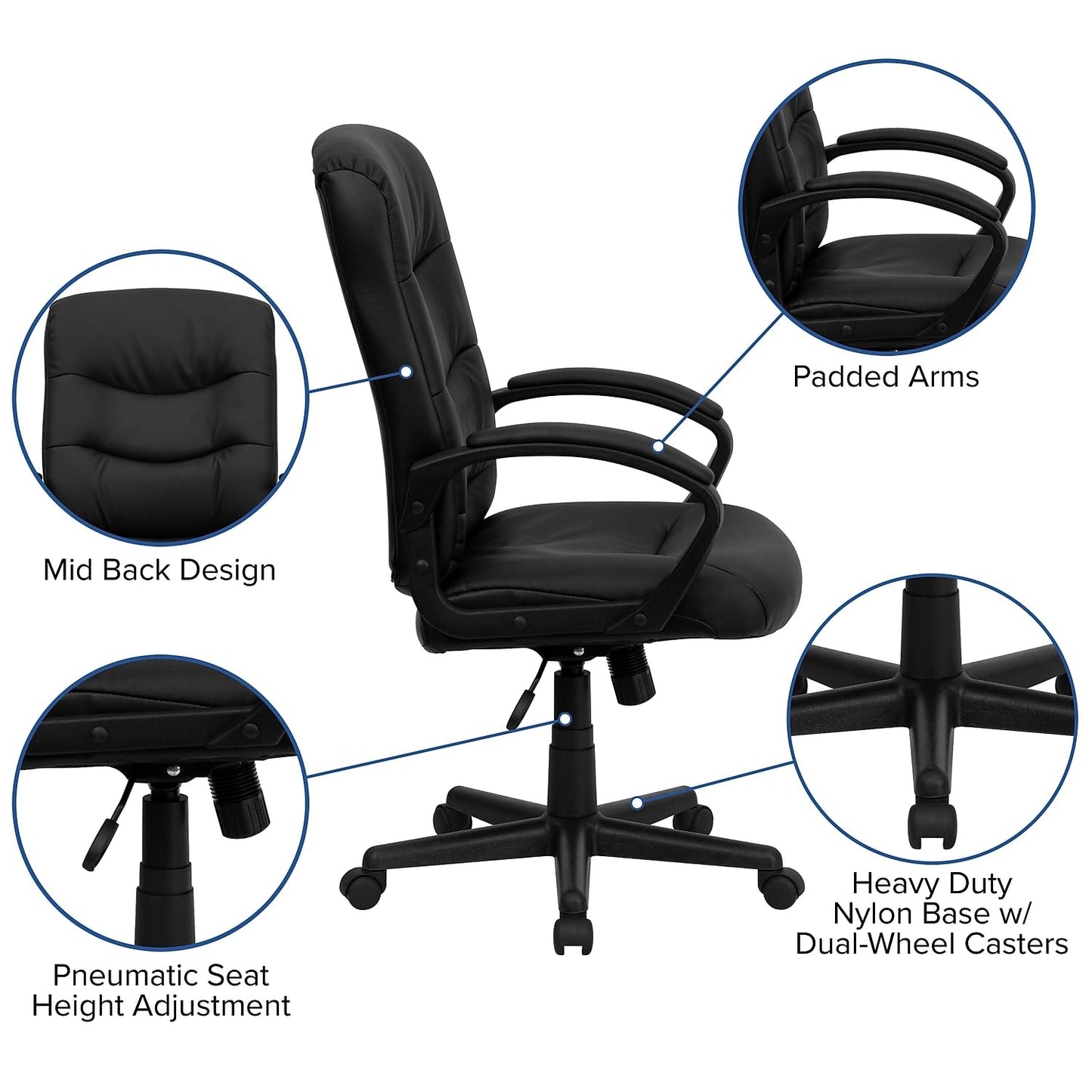 Flash Furniture Chelsea Mid-Back Black LeatherSoft Executive Swivel Office Chair with Three Line Horizontal Stitch Back and Arms