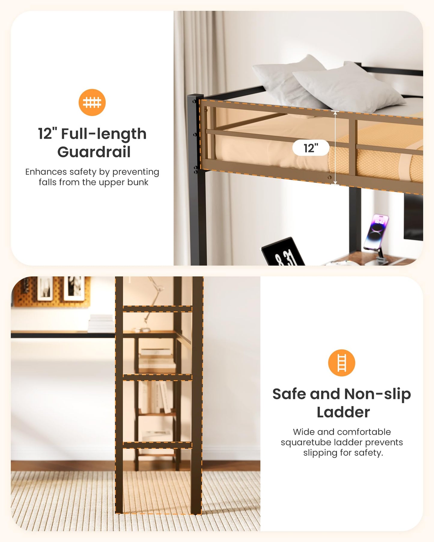 Mixcous Full Size Loft Bed with Desk & Open Shelves, Heavy Duty Metal Bed Frame with Safety Guardrails & Ladder, Loft Beds with Vintage Wood Finish L-Shaped Desk, Black