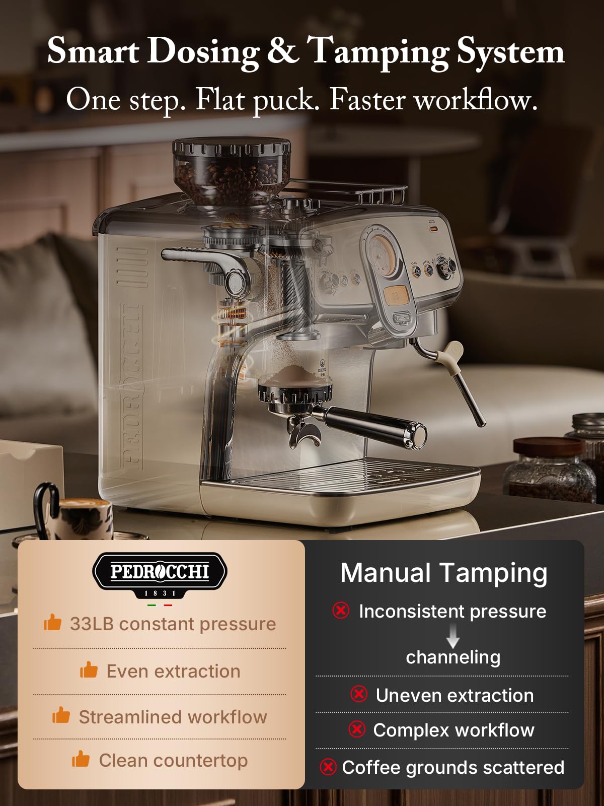 Pedrocchi Espresso Machine with Grinder& Milk Frother | Instant Espresso-to-Cold Brew – Dual Pump | Auto Tamping & 58mm | 20Bar | PID | 35 Settings | 3-Hole Steam Wands | For Home & Café