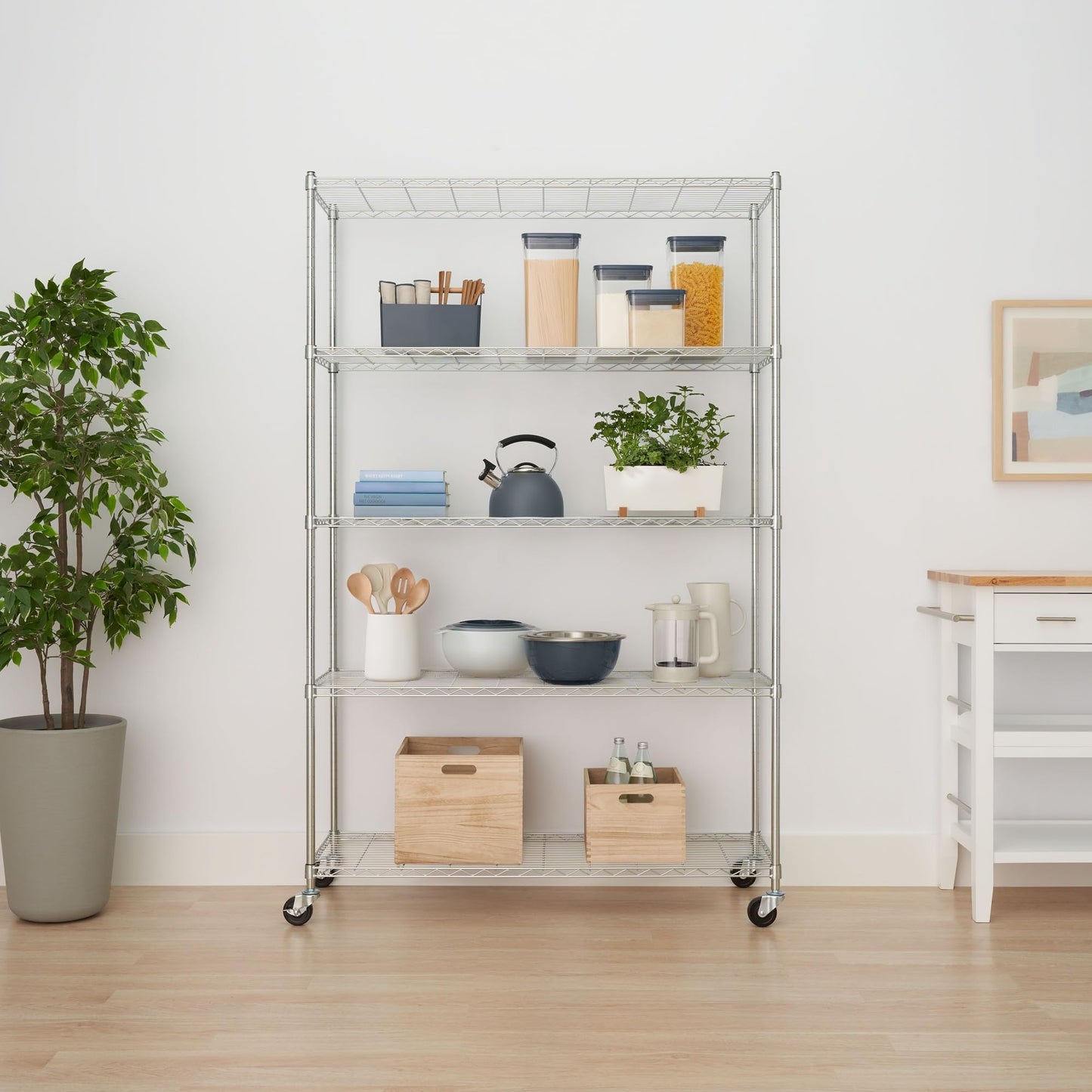 NEAT by TRINITY 5-Tier Adjustable Wire Shelving with Wheels, Wire Shelf Rack for Kitchen Organization, Garage Storage, 400 to 2000 Pound Capacity, NSF Certified, 48” x 18” x 72”, EcoStorage Chrome