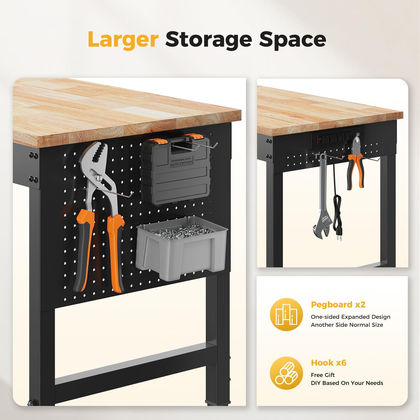 CAMMOO 60" Adjustable Heavy Duty Workbench, 2000 LBS Load Capacity Rubber Wood Work Table with Pegboard, Power Outlets, Work Bench for Garage, Workshop, Office, Home, Commercial