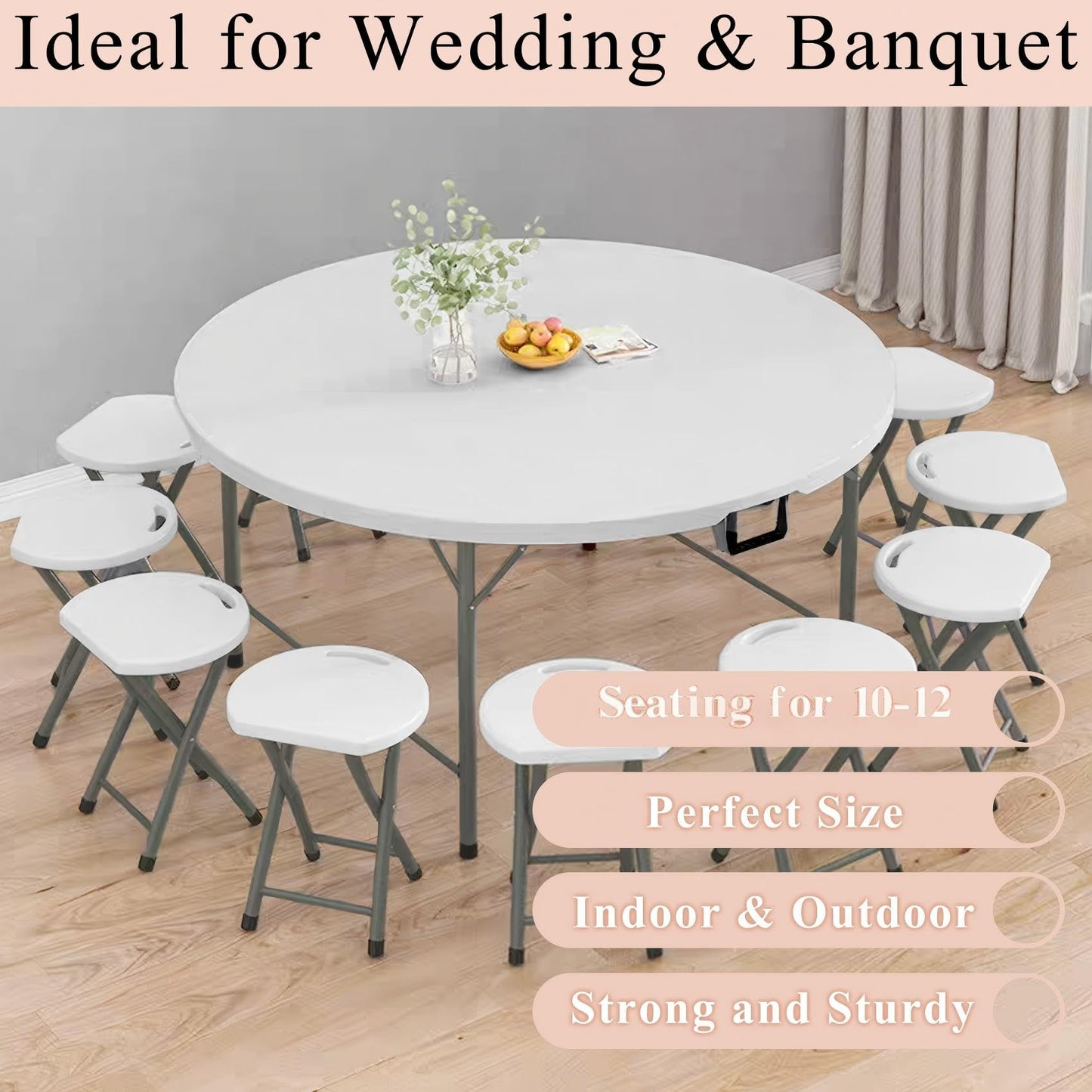 JALANCY 5 FT Round Folding Tables with Carrying Handle 60 inch Heavy Duty Portable Plastic Commercial Table Steel Legs for Party, Dining, Wedding, Events, Picnic Indoor, Outdoor (White,1 Pack)