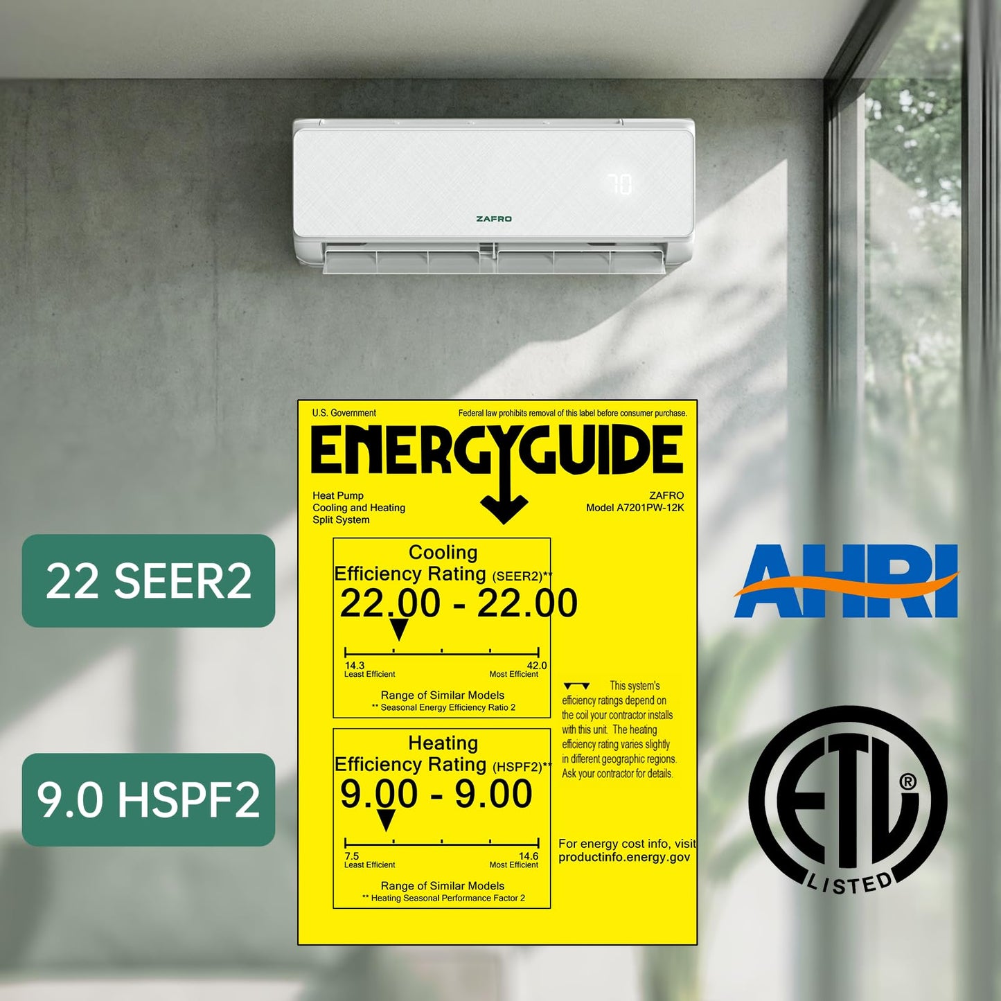 ZAFRO 12000 BTU Mini Split Air Conditioner Heating System, 22 SEER2 Inverter Ductless Mini Split AC System with WiFi & Remote Control, Ultra Quiet 24dB, Cools/Heats Up to 750 Sq.Ft