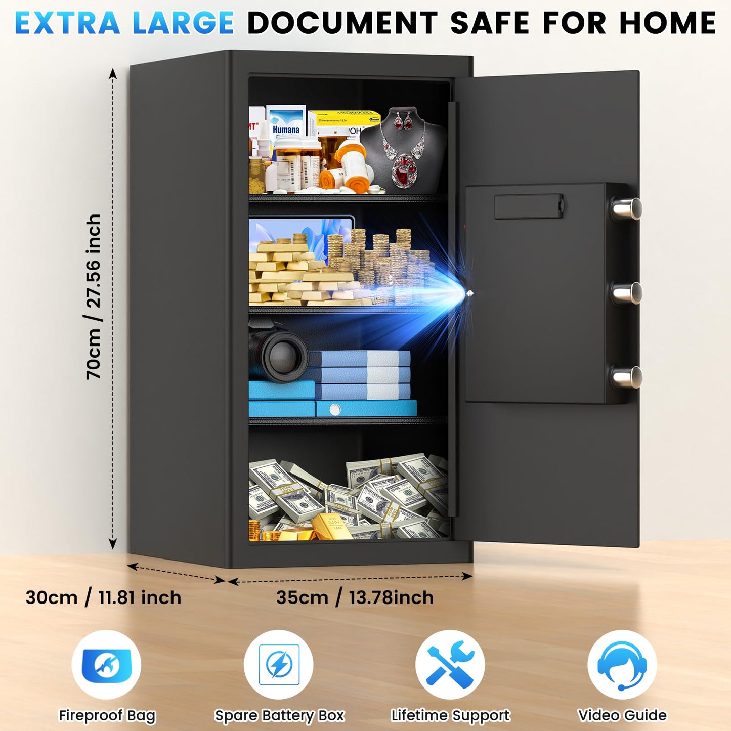 27.56"H Steel Safe Box, 6.0 Cuft Home Safes with Fireproof Waterproof Bag, Digital Security Safes with Programmable Keypad Keys, Smart Alert, Mute Mode, Anti-theft Safety Box for Documents Valuables