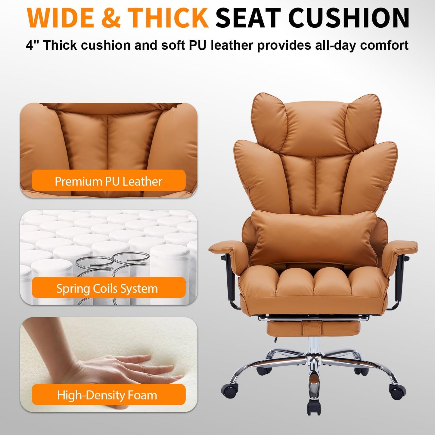 Big and Tall Office Chair, 400lbs Executive Leather Office Chair with Footrest, Ergonomic Gaming Chair for Adults, High Back Desk Chair with Lumbar Support, Wide Seat, 150 Degree Reclining, Brown