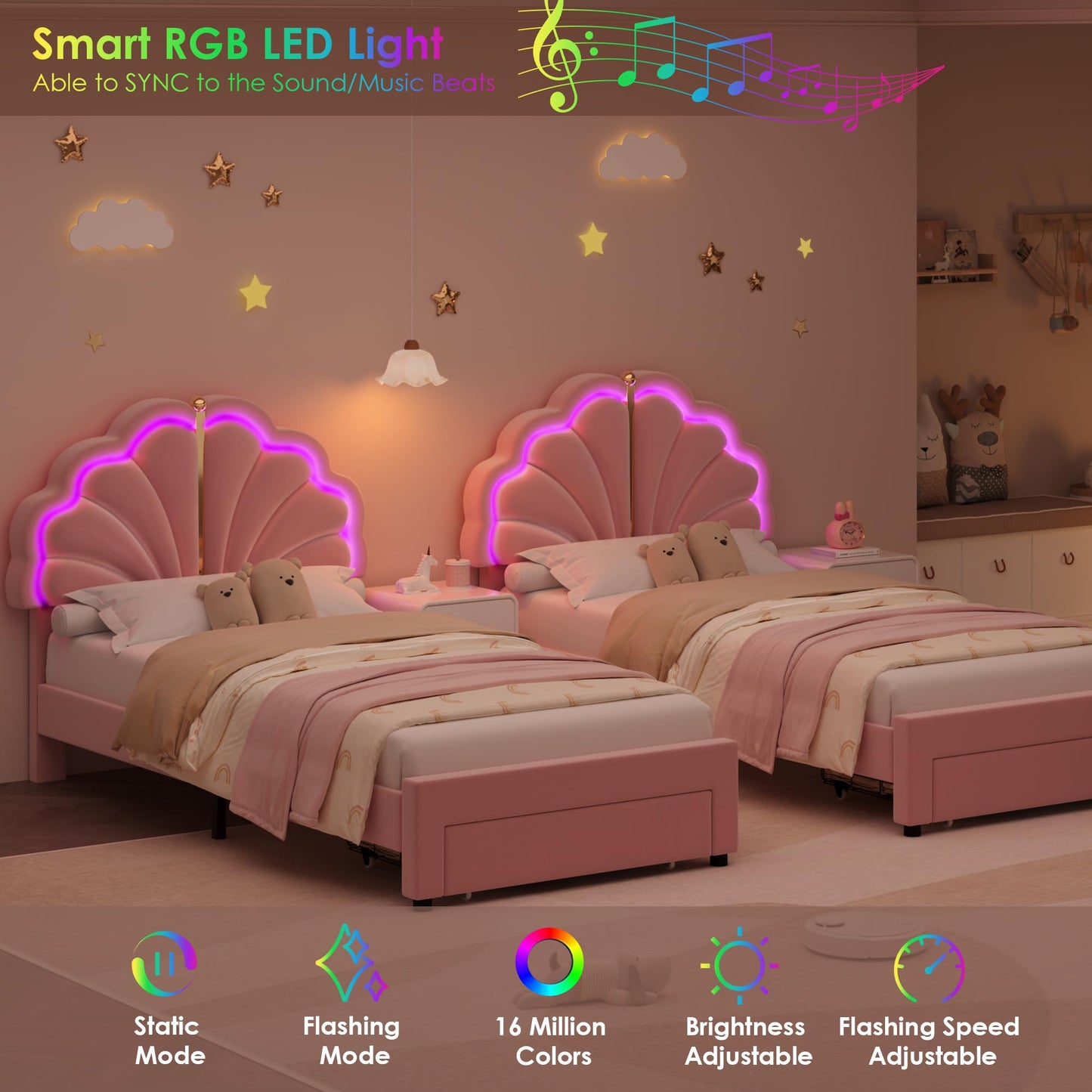 Keyluv Twin Princess Bed Frame with Storage Drawers, Soft Velvet Upholstered LED Platform Bed with Adjustable Cute Shell Headboard, No Box Spring Needed, Noise-Free, Pink