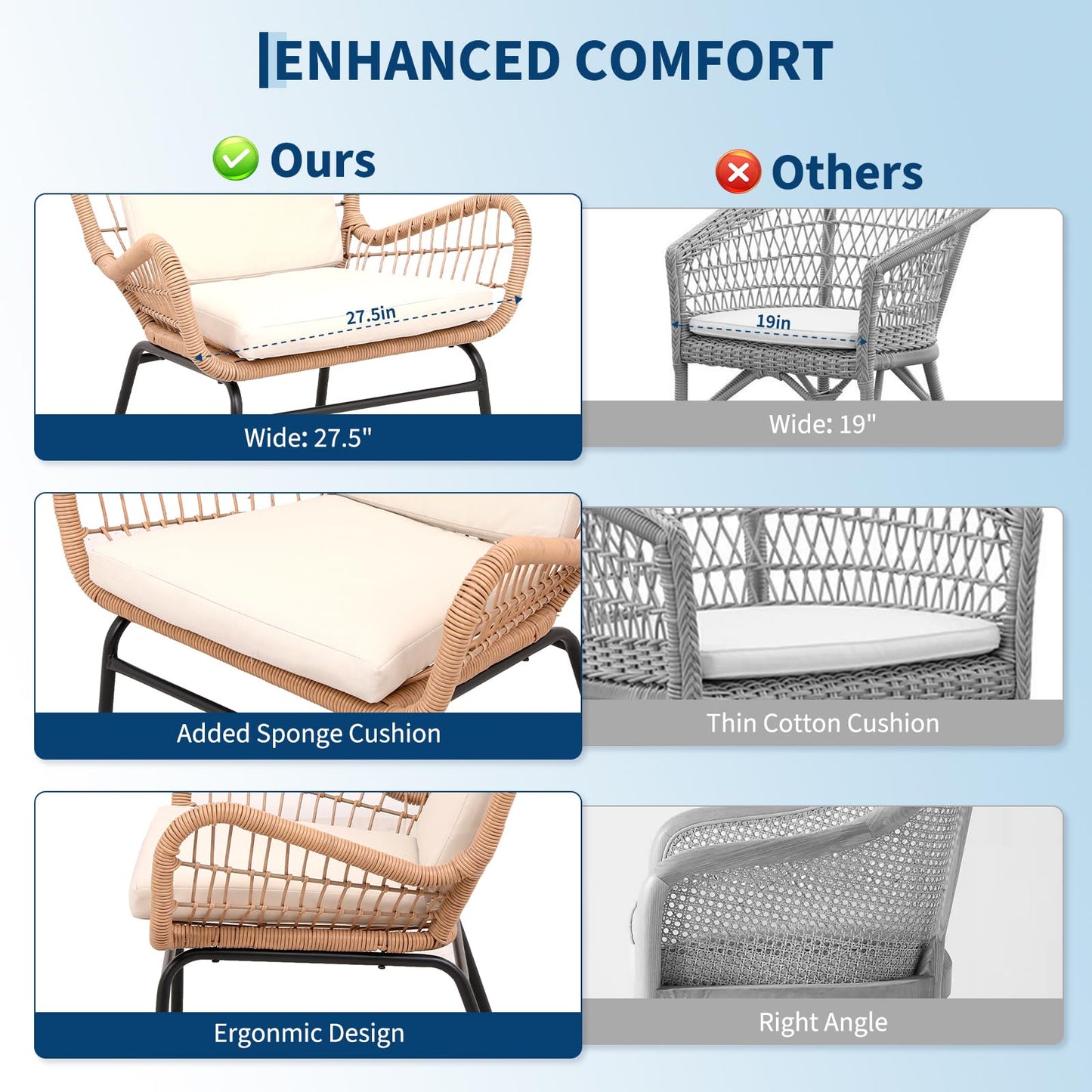 3 Piece Outdoor Rattan Patio Bistro Set with Glass Top Table and 2 Chairs, All Weather Patio Furniture for Backyard, Poolside, Porch, Balcony, Garden, Beige
