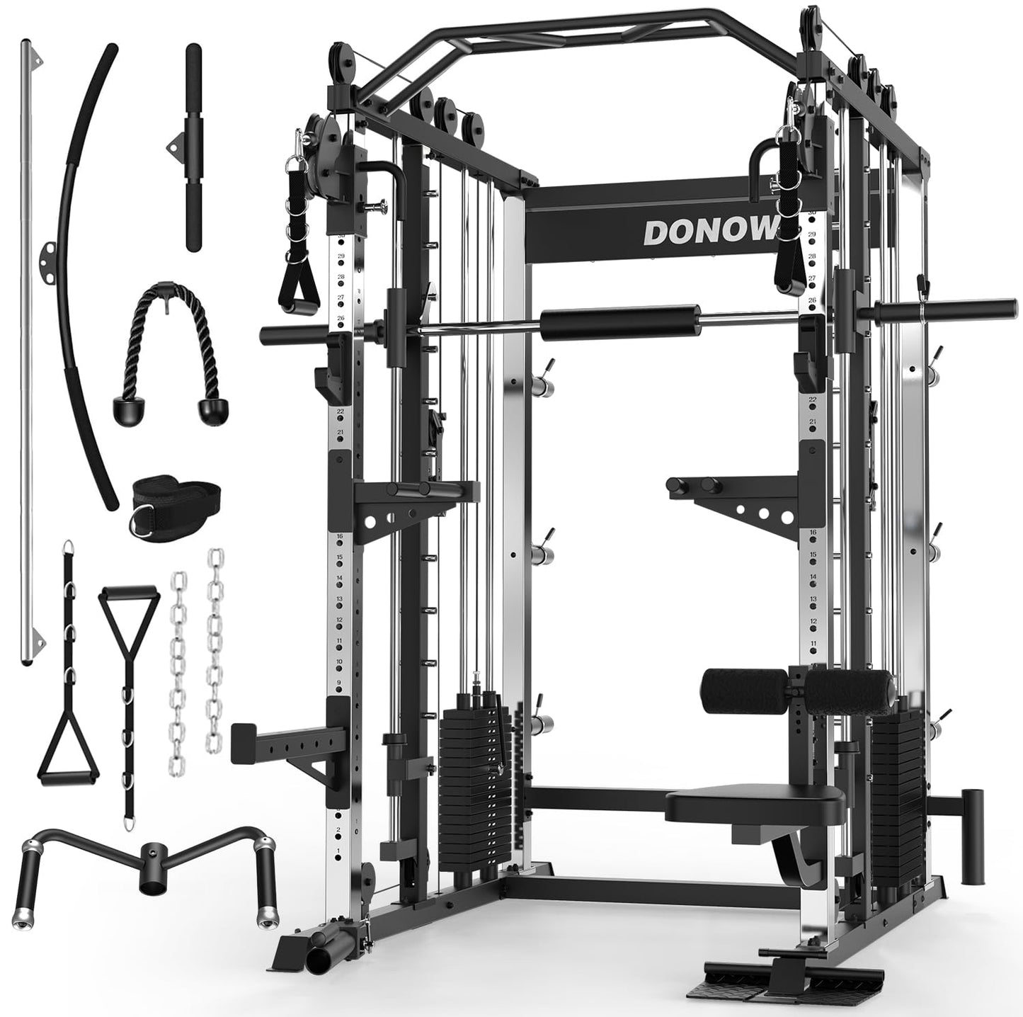 DONOW Smith Machine with Weight Stacks, Heavy Duty Home Gym System Power Cage Cable Crossover Machine Multi-Functional Trainer Ratio 1:1 (AS1 Steel Stacks 374lbs)