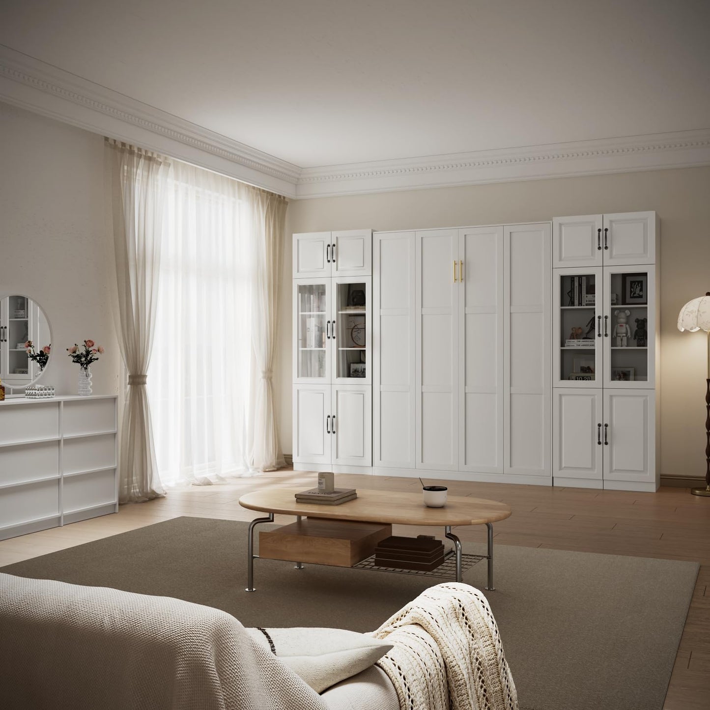 Bobve Farmhouse Murphy Bed Queen, 85" Wall Bed Folds to Save Space, Concealed Bed Frame with 2 Glass Storage Cabinets and Wall Mounted Features for Apartment/Office/Guest Room