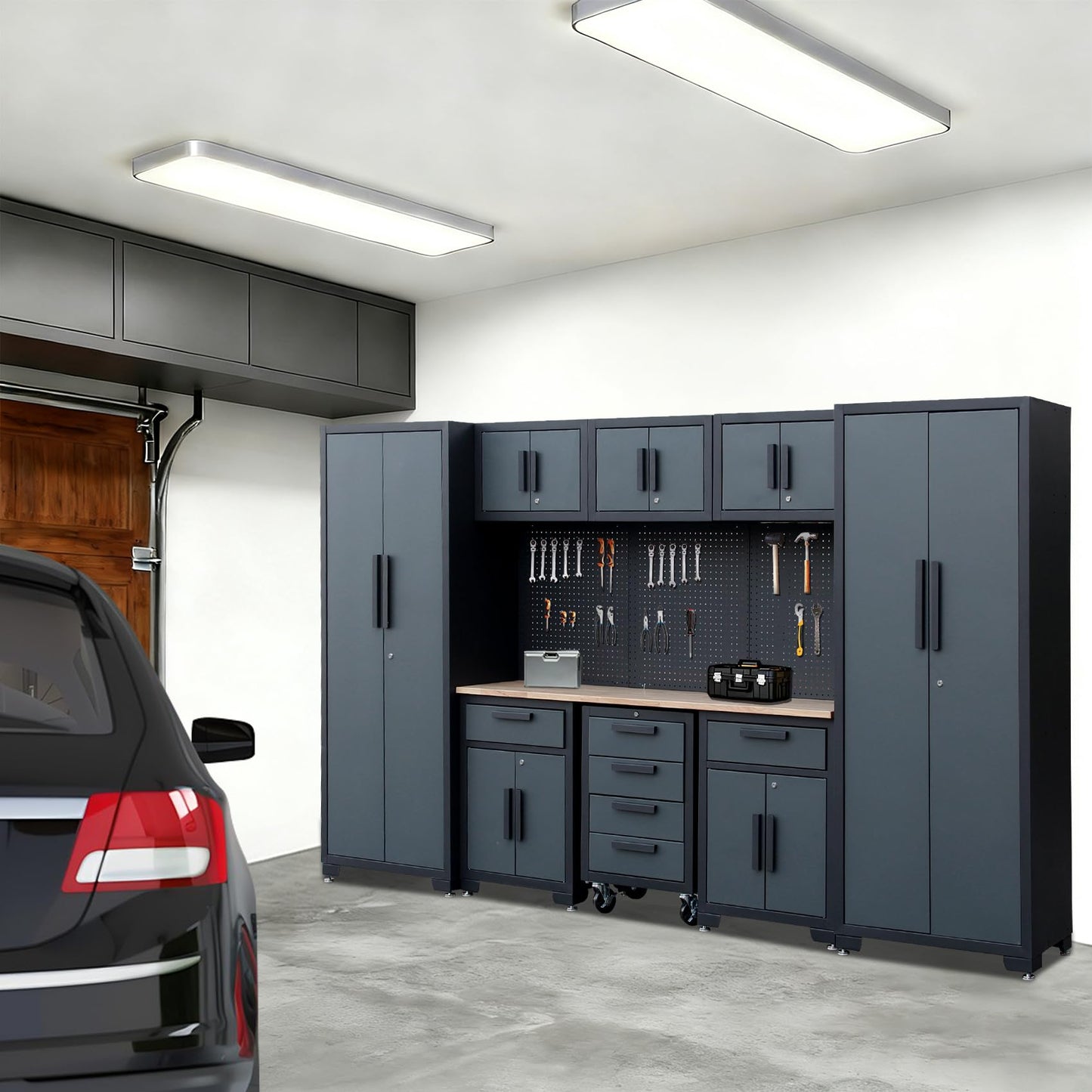 Tsnritor Garage Storage Cabinet System, 9PCS Tool Chest Workbench Storage System in Black, Included Steel Cabinets Drawers Rolling Chest and Pegboard,Locked Garage Storage Cabinet,Grey Handle