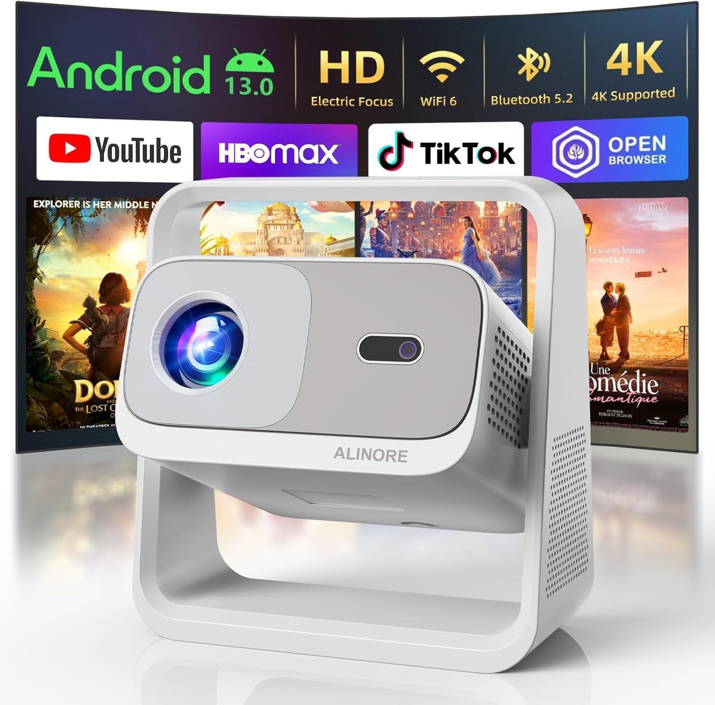 Smart Projector with WiFi6 and Bluetooth5.2, Built-in Apps, 4K Support, Native 1080P Outdoor Movie Projector, Auto Keystone & 360°Stand, 2026 Upgraded Portable Proyector for Home Theater, White