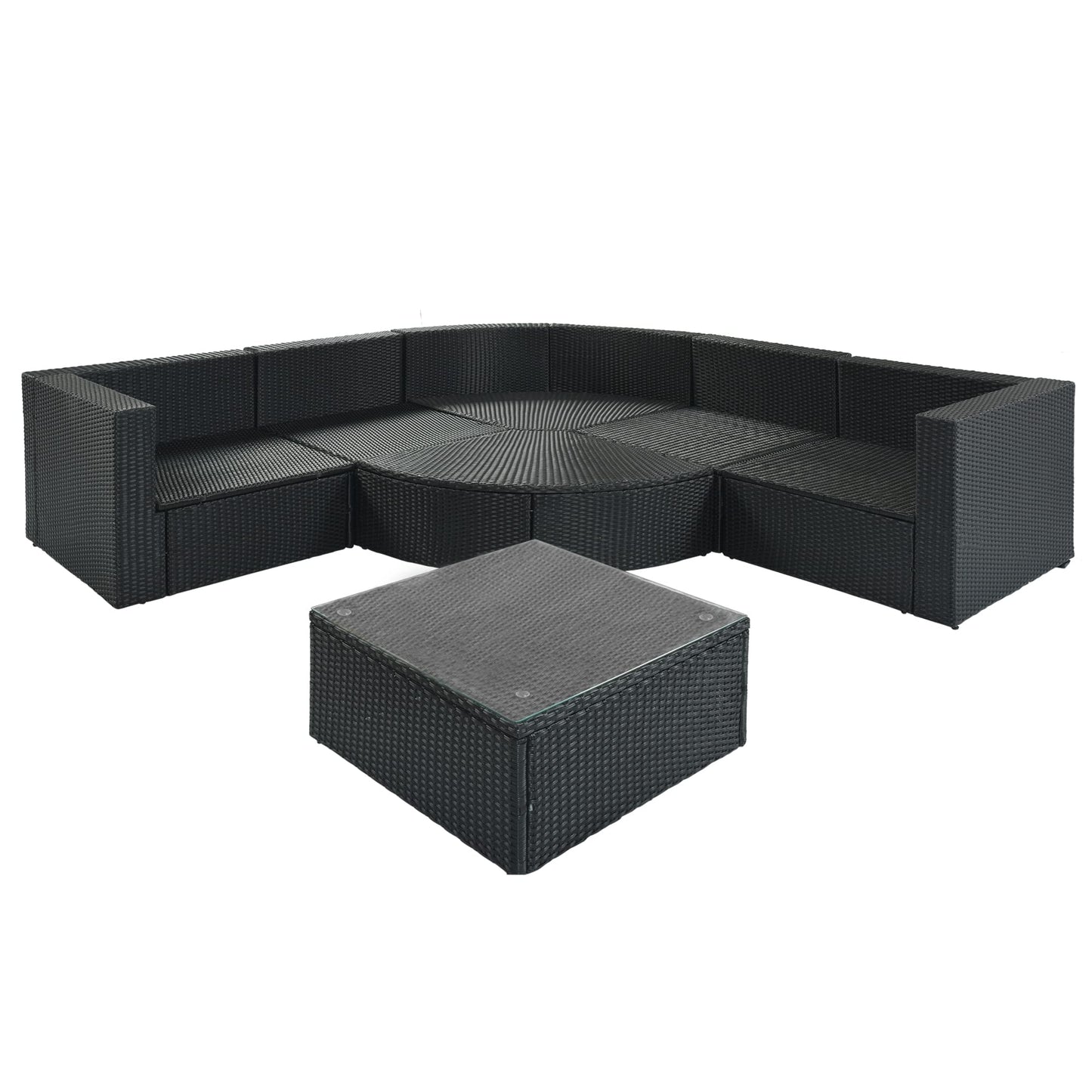 Merax 7-Piece Outdoor Wicker Sectional Sofa Set,Modular Rattan Conversation Set with Gray Cushions,Striped Green Pillows & Tempered Glass Coffee Table for Patio,Garden,Deck,Black