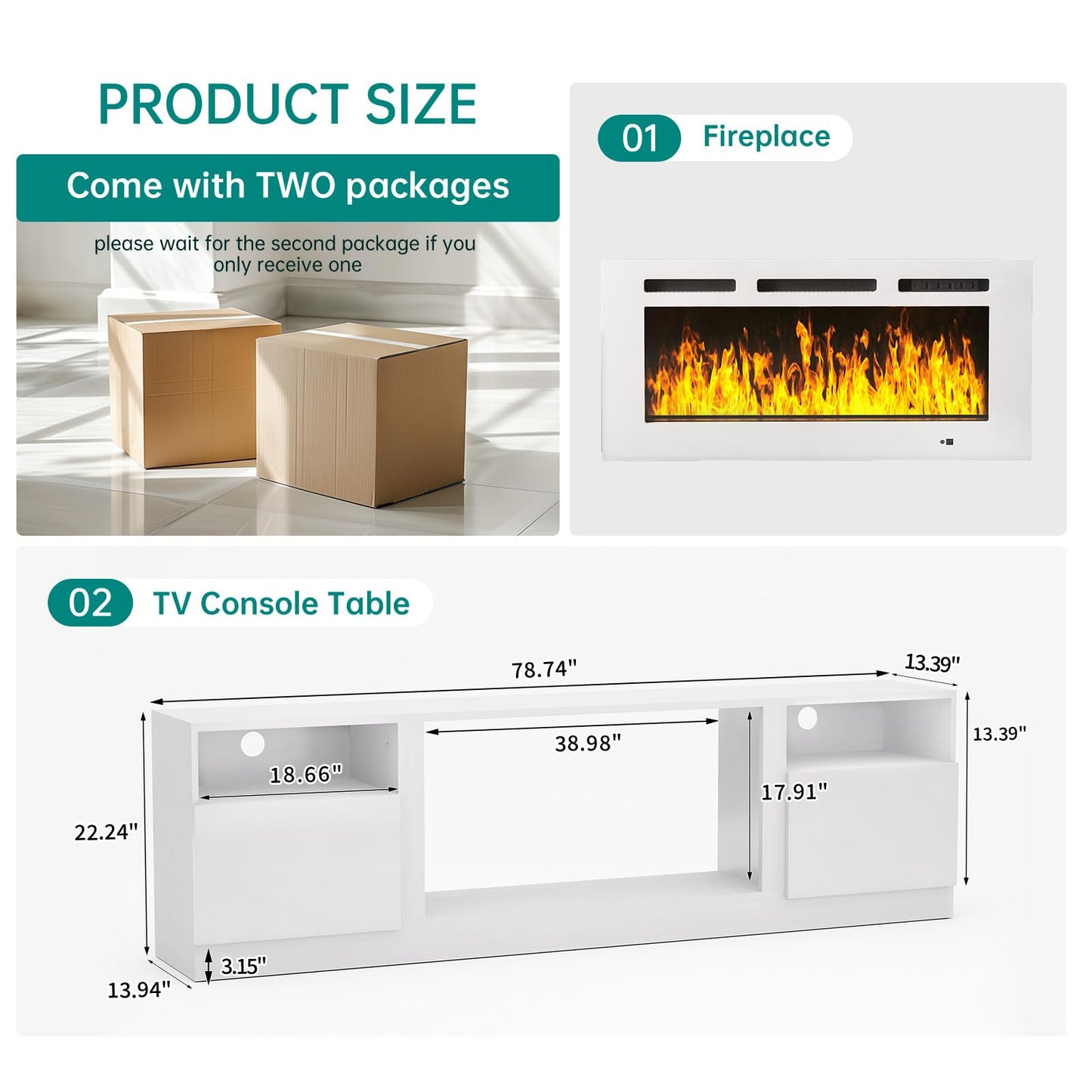 MXV 80" Fireplace TV Stand for TVs Up to 90", LED Light Entertainment Center with 36" Electric Fireplace, Modern Wood Texture TV Media Console with Highlight Storage Cabinet, White-White