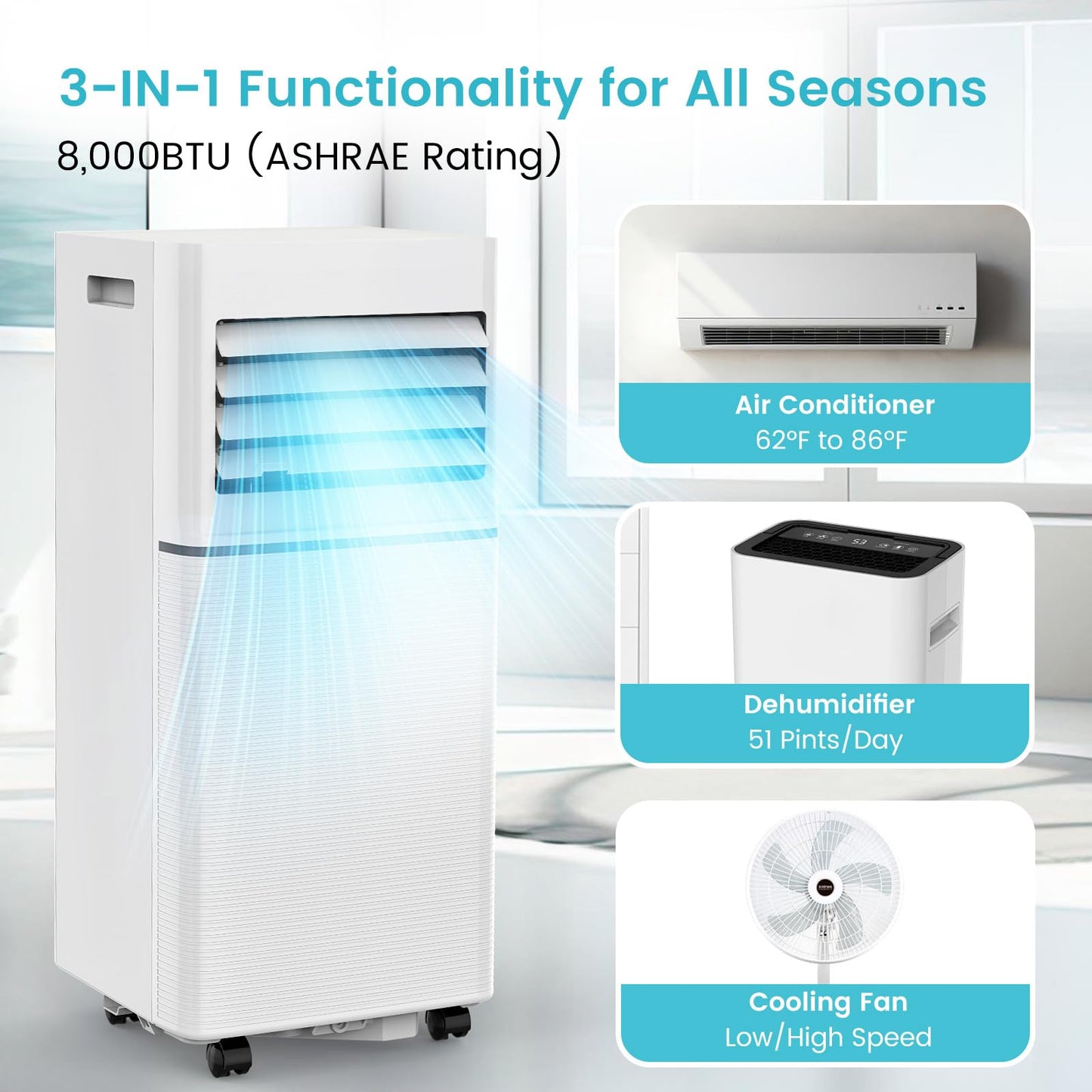 Electactic 8000 BTU Portable Air Conditioner, 4-in-1 AC Unit with Dehumidifier Fan LED Display, Remote Control, Quiet, Sleep Mode, 360° Casters, Window Kit for Room Office Apartment
