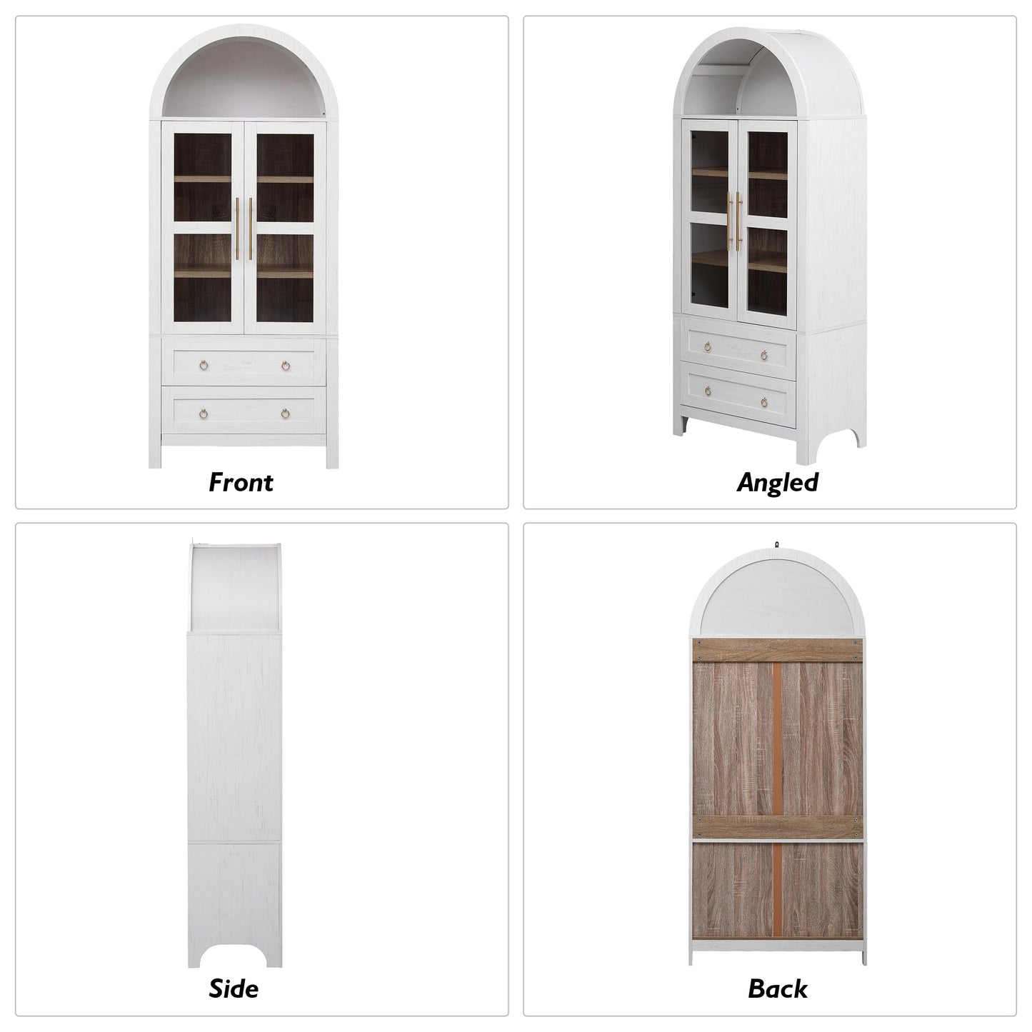 Merax 71" Tall Arched Bookcase with Glass Doors & 2 Drawers, Modern Farmhouse Storage Cabinet for Home Office, Living Room, Adjustable Shelves, Wood Bookshelf, White