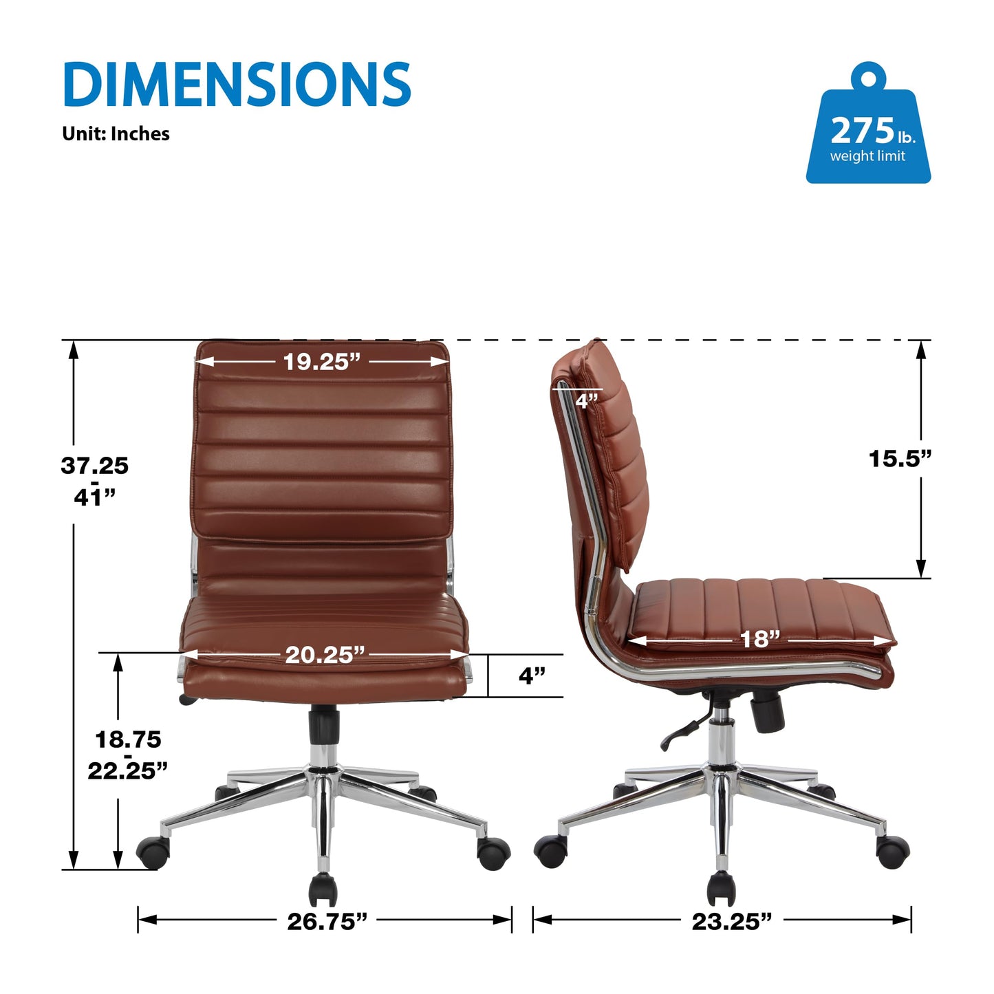 Office Star SPX Professional Ergonomic Ribbed Faux Leather Office Chair with Chrome Base, Mid Back Manager's Chair Without Arms, Saddle Brown