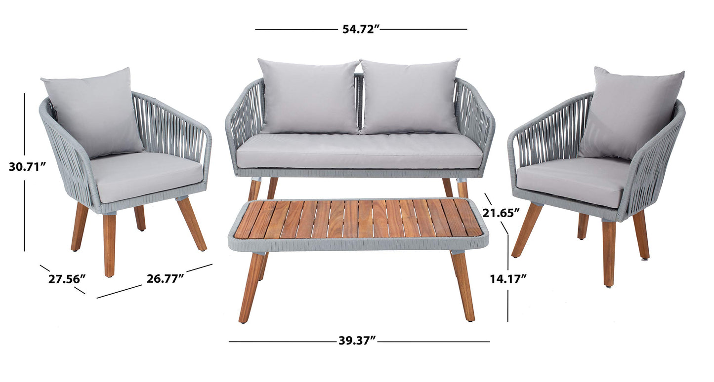 SAFAVIEH Outdoor Collection Ransin Grey/Grey/Natural Solid Wood 4-Piece Conversation Patio Set
