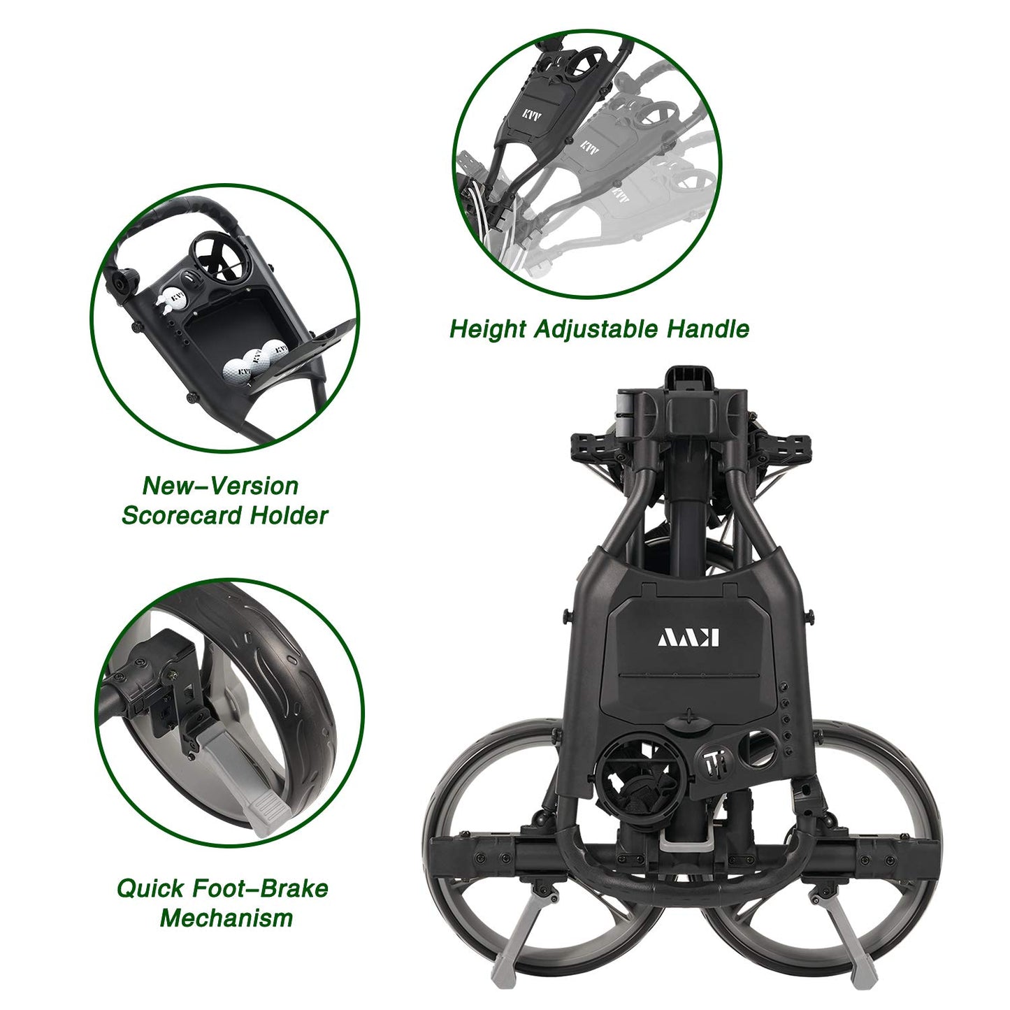 KVV 3 Wheel Compact Flat Folding Design Golf Push Cart with Lightweight and Sturdy Aluminum Frame Charcoal