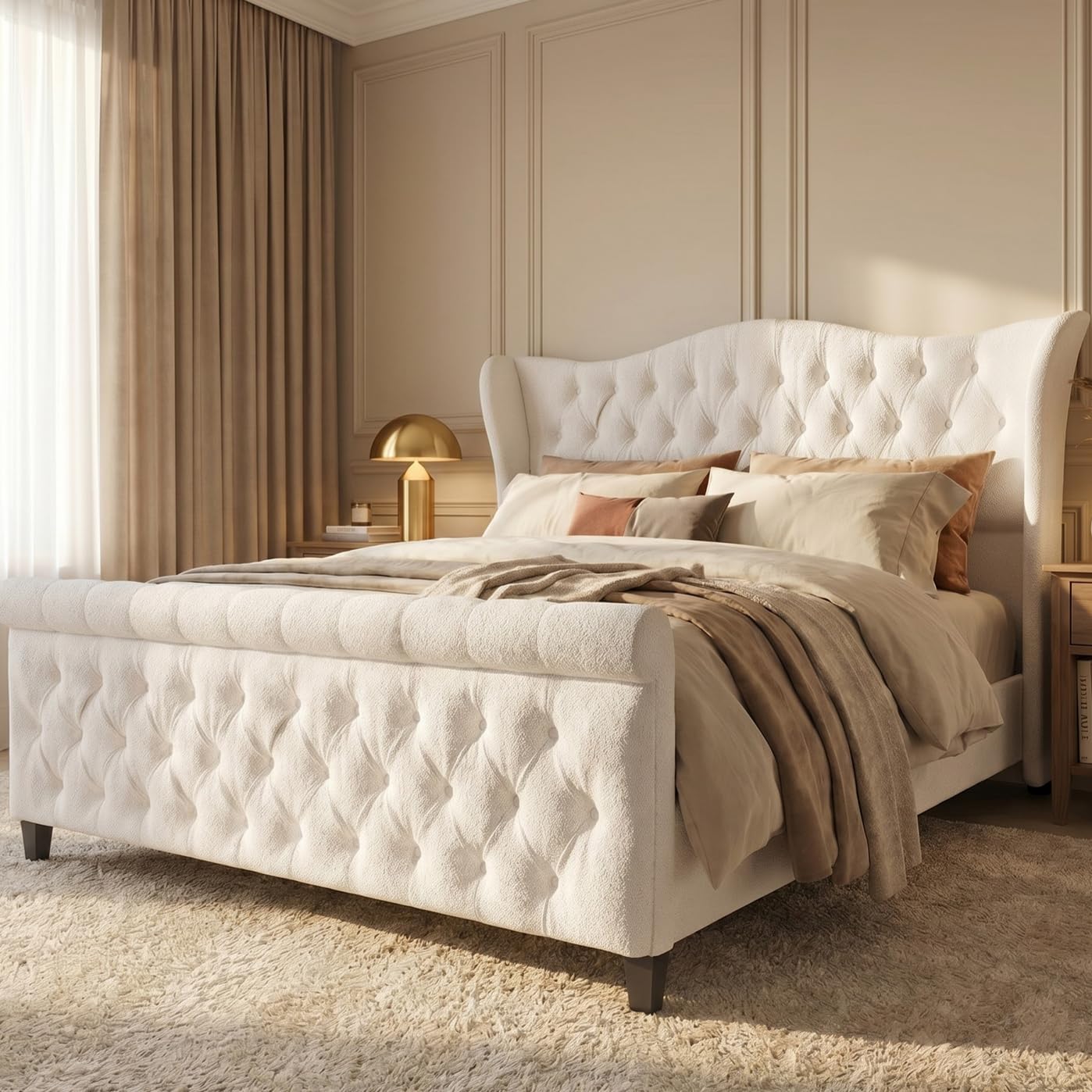 koorlian King Size Bed Frame with Headboard,Chenille Upholstered Platform Bed with Button-Tufted Wingback Headboard & Sleigh Footboard, No Box Spring Needed