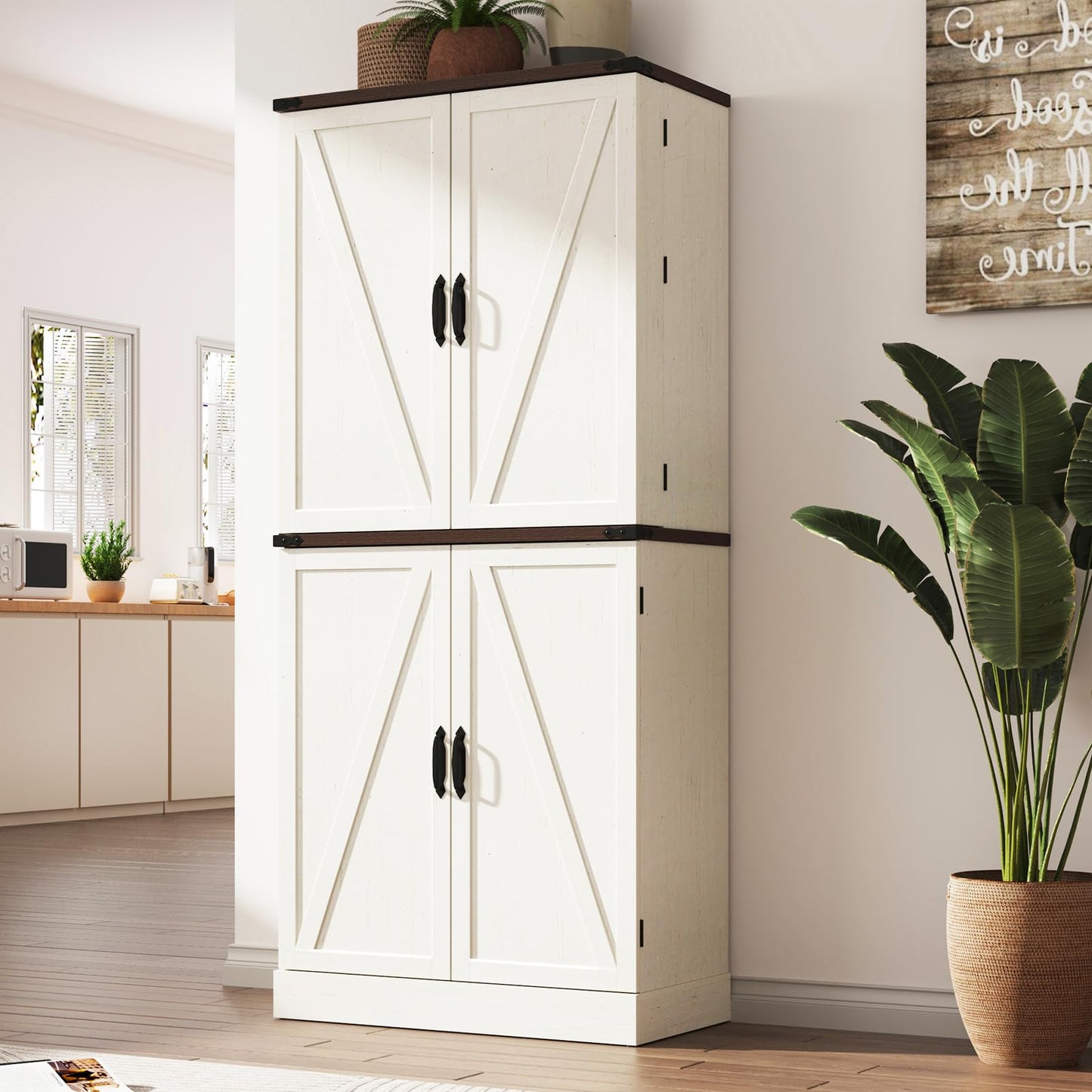 Farmhouse Kitchen Pantry Cabinet with 3 Drawers,71" Tall Rustic Wood Storage Cabinet with 6 Door Shelves,with Load-Bearing Steel Pipe,Pantry Organizers for Kitchen,Dining Room(Rustic Off White)