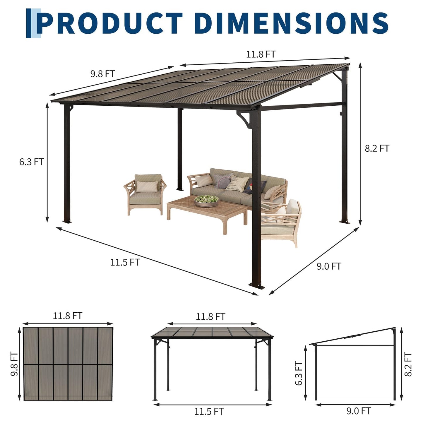 10'X12' Lean to Gazebo, Wall-Attached Hardtop Pergola with Anti-UV Polycarbonate Roof, Aluminum Frame Outdoor Patio Cover for Deck, Yard and Party