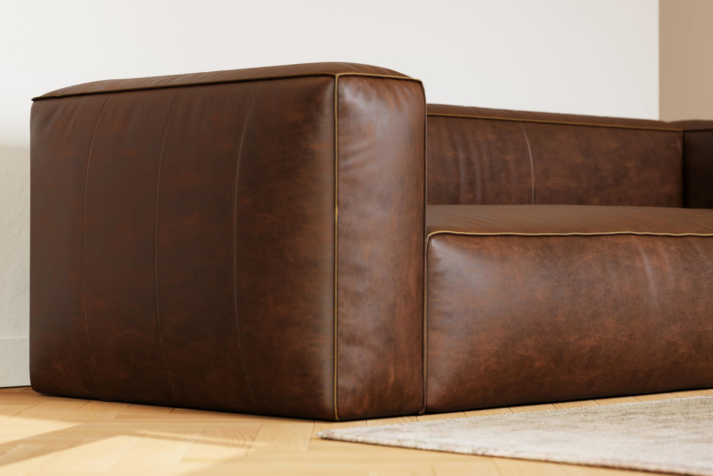 Valencia Graz Leather Wide Sofa 92" | Premium Full Semi-Aniline Leather | Modern Wide Couch with Unique Variations, Legless Design for Living Room, Chocolate