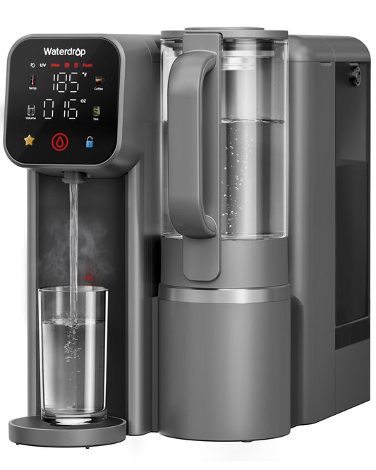 Waterdrop M6H Instant Hot Reverse Osmosis System Countertop Water Filter, 7-Stage, NSF/ANSI 58 & 372 Certified, 3:1 Pure to Drain Ratio, 5 Temperature Options, RO System with Glass Pitcher, BPA-Free