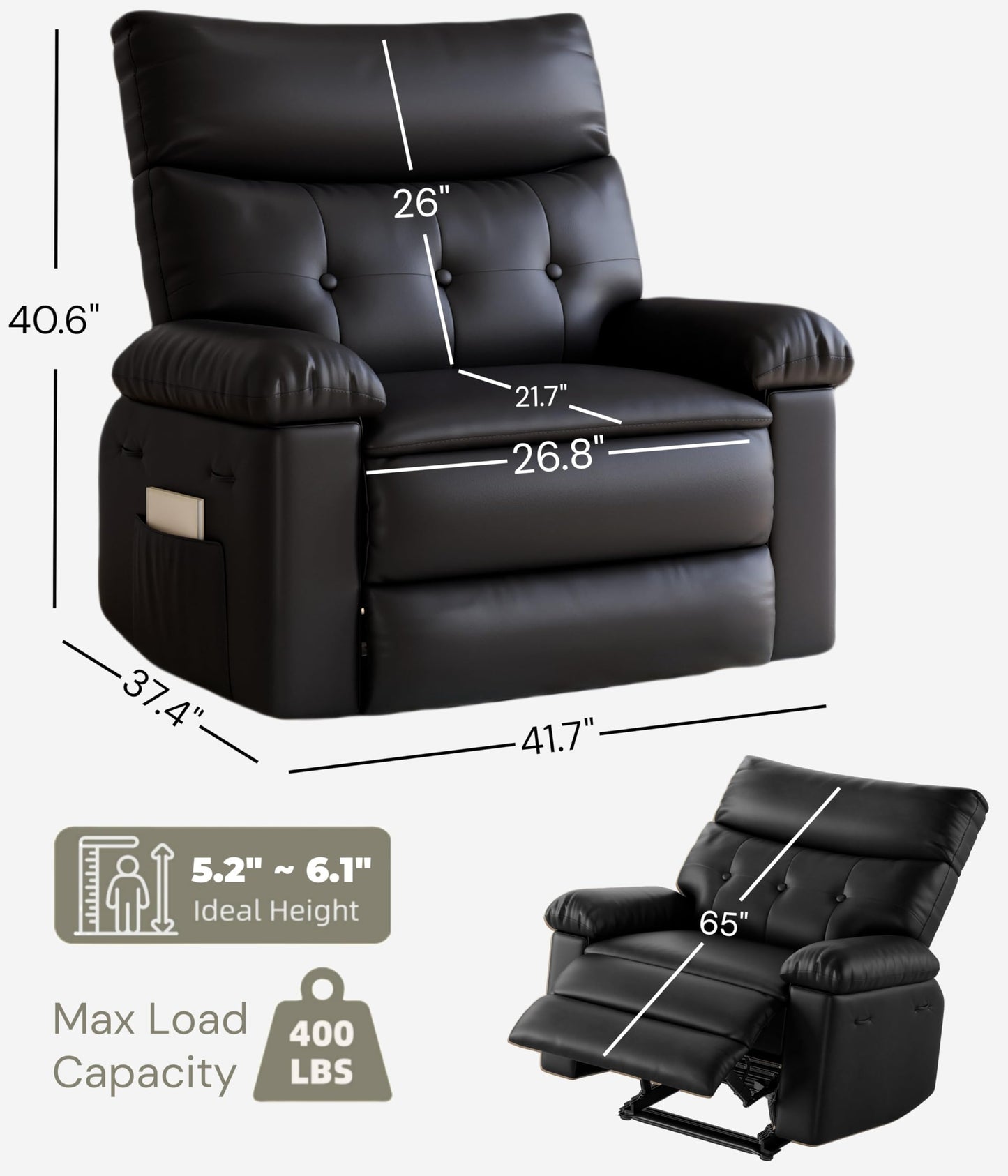 Garvee Oversized Recliner Chair Large Manual Recliner for Adults Lazy Chair PU Leather 1.5X Sponge Filling with Massage & Heat - Black