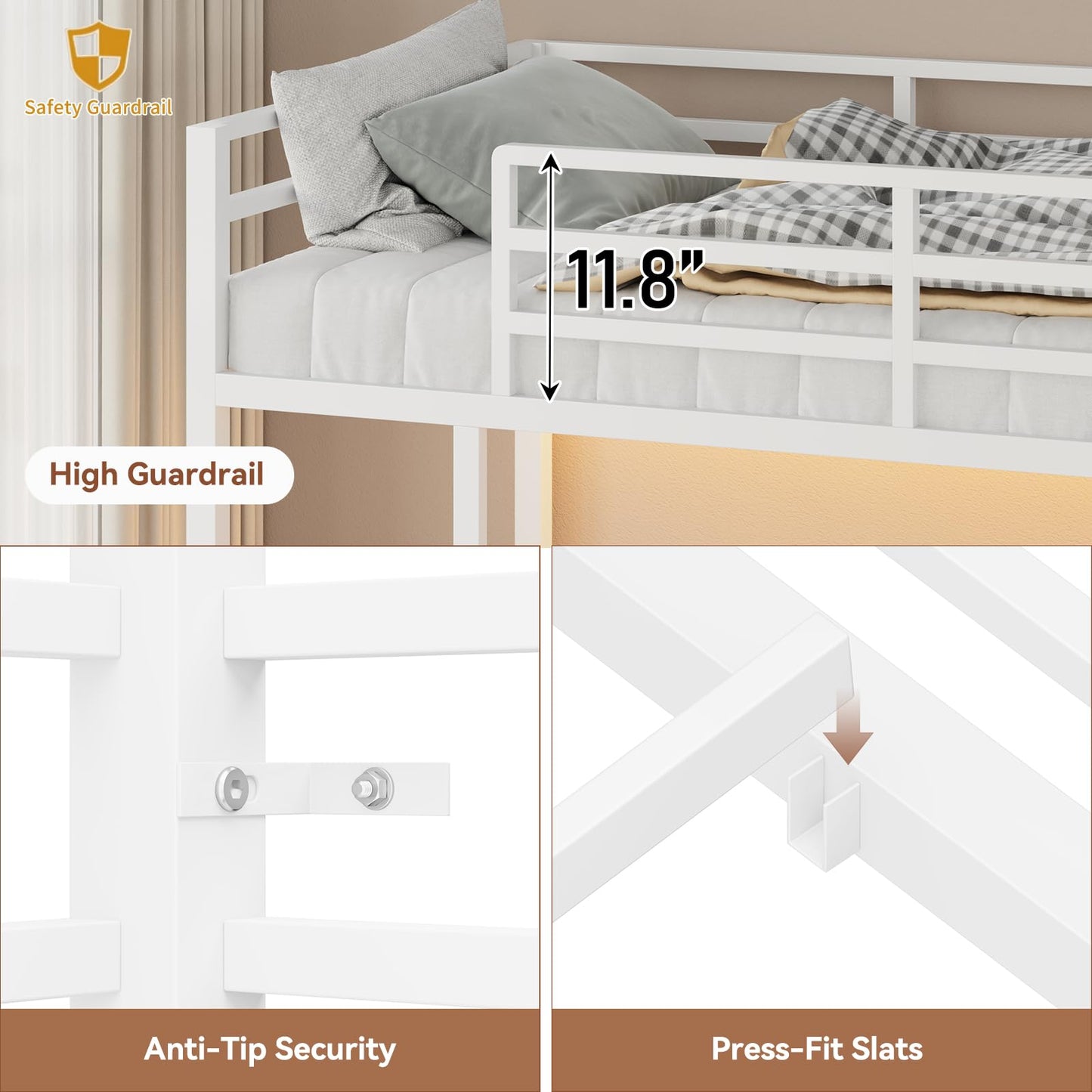 Bunk Bed Twin Over Twin with 9 Drawers & Hanging Rod, Low Loft Metal Bed with Charging Station & LED Lights, Sturdy Bed Frame with Pegboard & Storage, No Box Spring Needed, for Bedroom, White