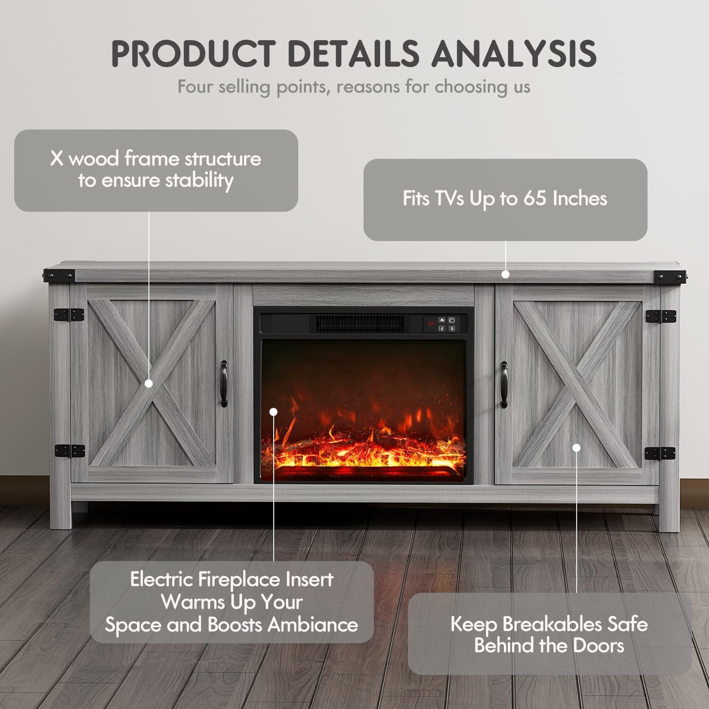 YESHOMY Fireplace TV Stand with Two Barn Doors and Storage Cabinets for Televisions up to 65+ Inch, Entertainment Center Console Table, Media Furniture for Living Room, 58 Inch, Gray