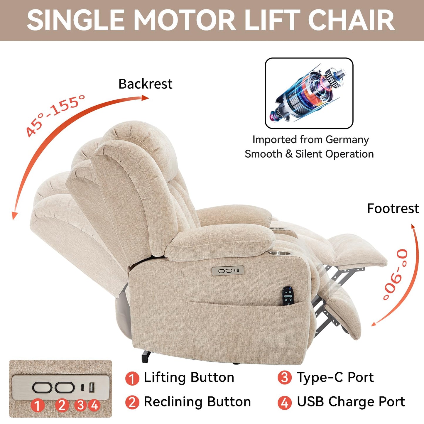 KEIKI Recliner Chair with Vibration Massage and Heating, Home Theater Seating with USB and Type-C Ports, Cup Holders for Living Room, Beige