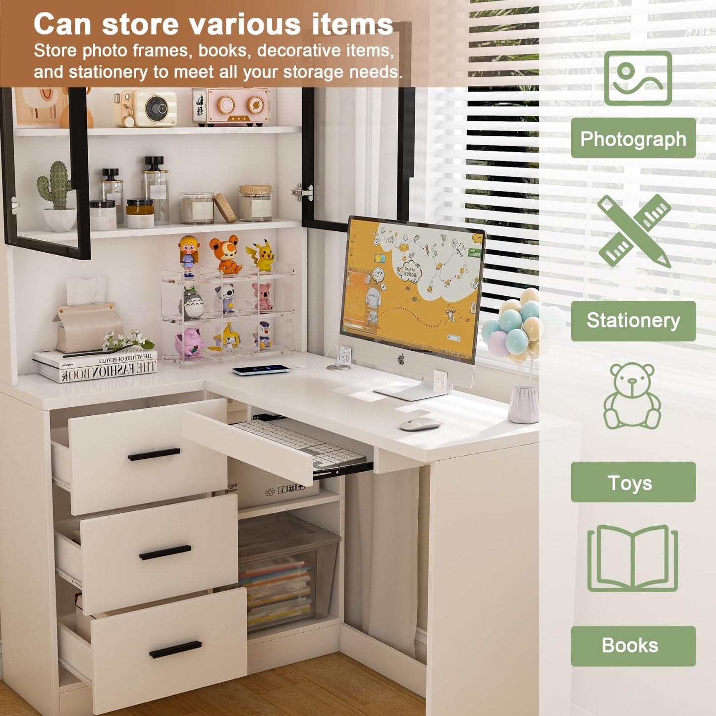 KEIKI L Shaped Home Office Desks with LED Light, Glass Storage Cabinets, USB Charging Ports, Keyboard Tray, Drawers, Modern Wooden Gaming Computer Corner Table for Work, Study, Writing