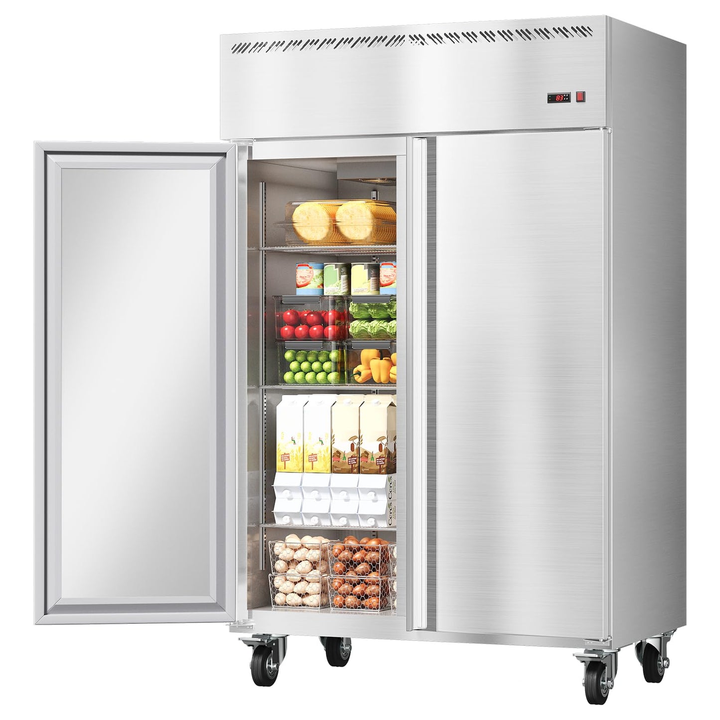 48" Commercial Refrigerator, 36 Cu. Ft 2-Door Reach-in Fridge, Stainless Steel Upright Cooler with 6 Adjustable Shelves, Auto Defrost, Digital Control & Locking Wheels for Restaurant, Cafe & Kitchen