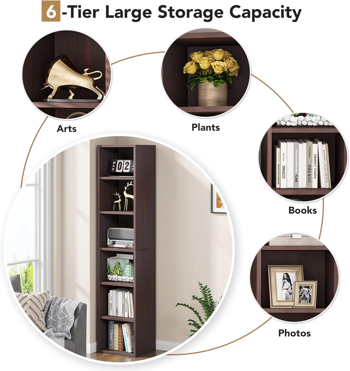 LITTLE TREE 70.9 Inch Tall Narrow Bookcase Set of 2, Modern Bookshelf 6 Tier Cube Display Shelf Storage Organizer for Small Space, Brown