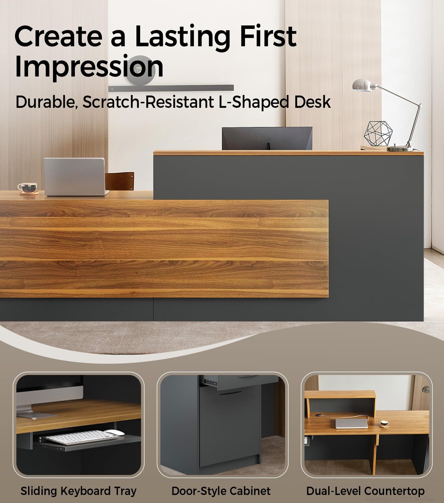 Modern L-Shaped Reception Desk with Counter - 87 inch Front Desk with Storage Cabinet, Open Shelves, Lockable Drawer & Keyboard Tray for Office, Lobby, Checkout (Dark Walnut & Iron Gray - Left)