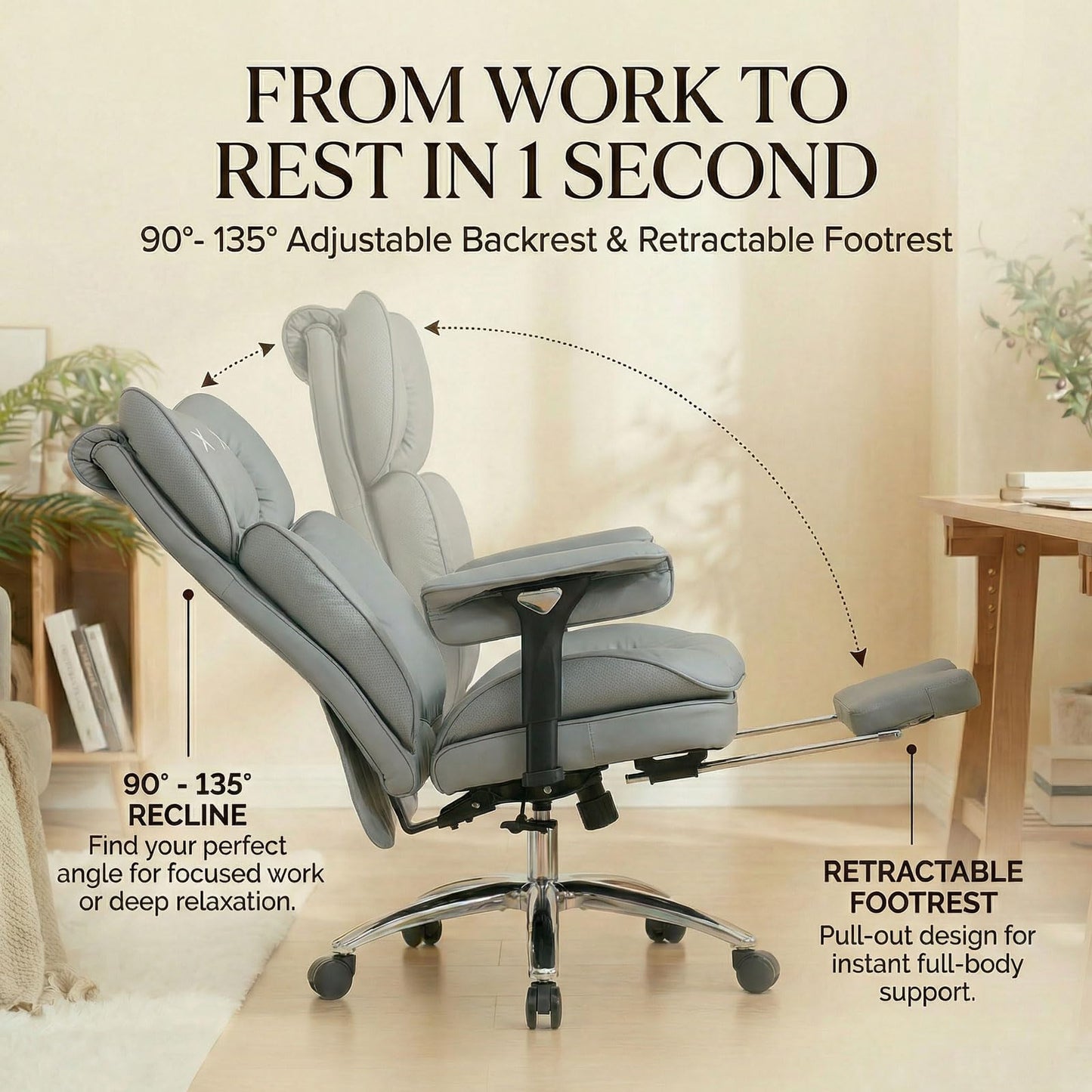 Efomao Big and Tall Desk Chair 400lbs, 22" Extra Wide Executive Office Chair with 3D Armrests & Footrest, Ergonomic Heavy Duty Chair, Light Grey