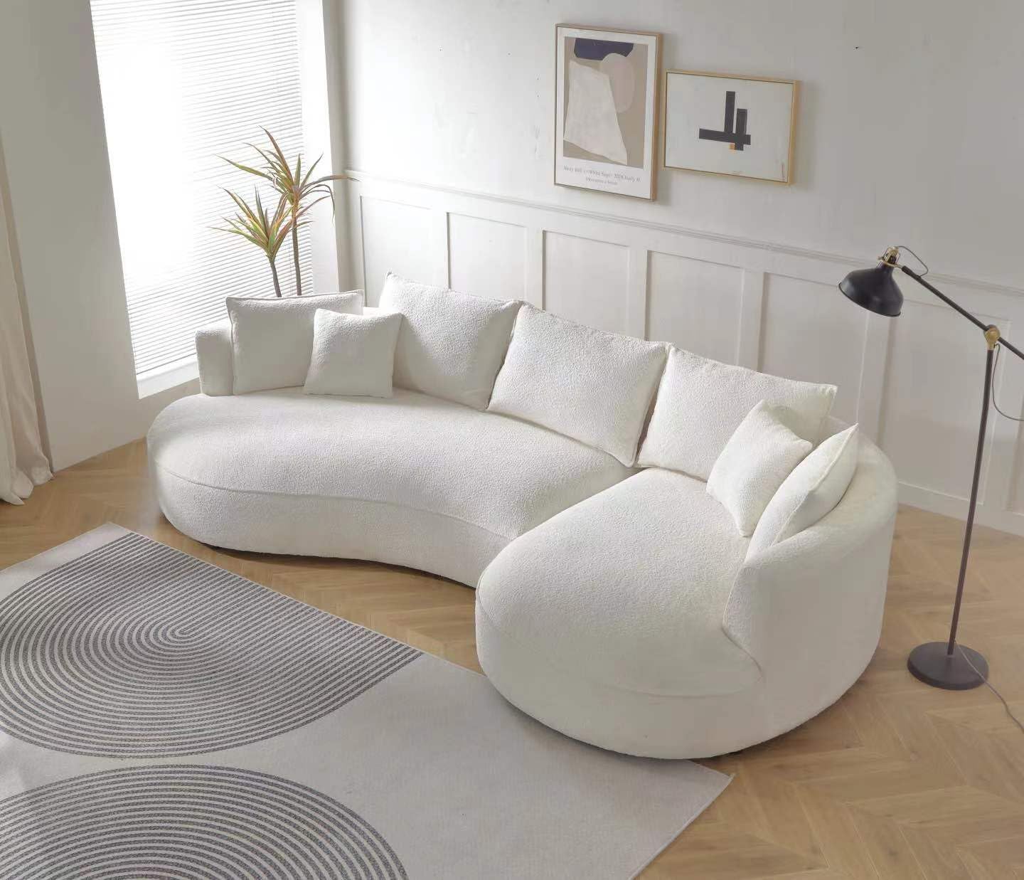 KEIKI 129" Luxury Curved Boucle Sectional Sofa with Right Chaise, Upholstered Modern Style Oversized 5-Seater Couch with Thickened Seat Cushions, Easy Assembly, for Apartment, Living Room, White