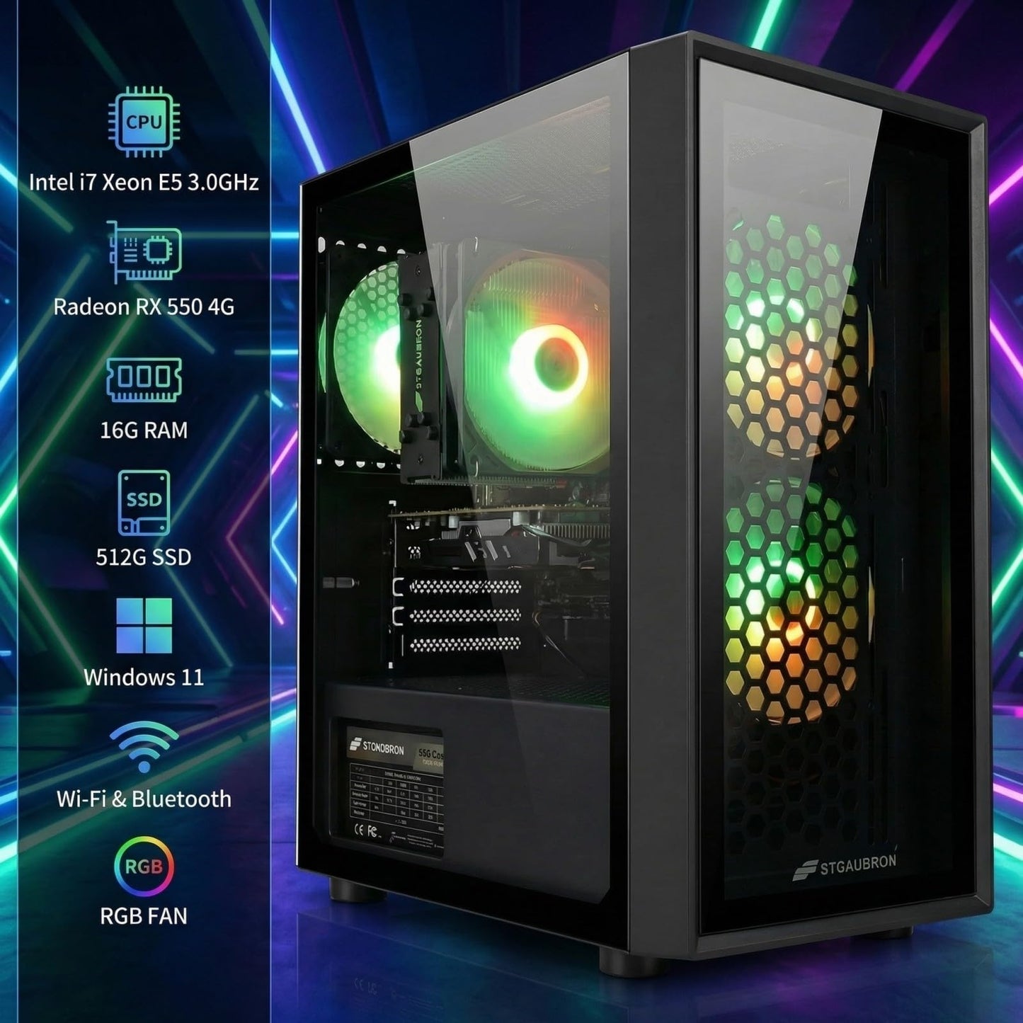 STGAubron Gaming PC Desktop Computer, Intel i7 Xeon E5, Radeon RX 550 4G, 16GB RAM, 512GB SSD, WiFi 6, BT 5.0, RGB Fan x 3, Windows 11 Home