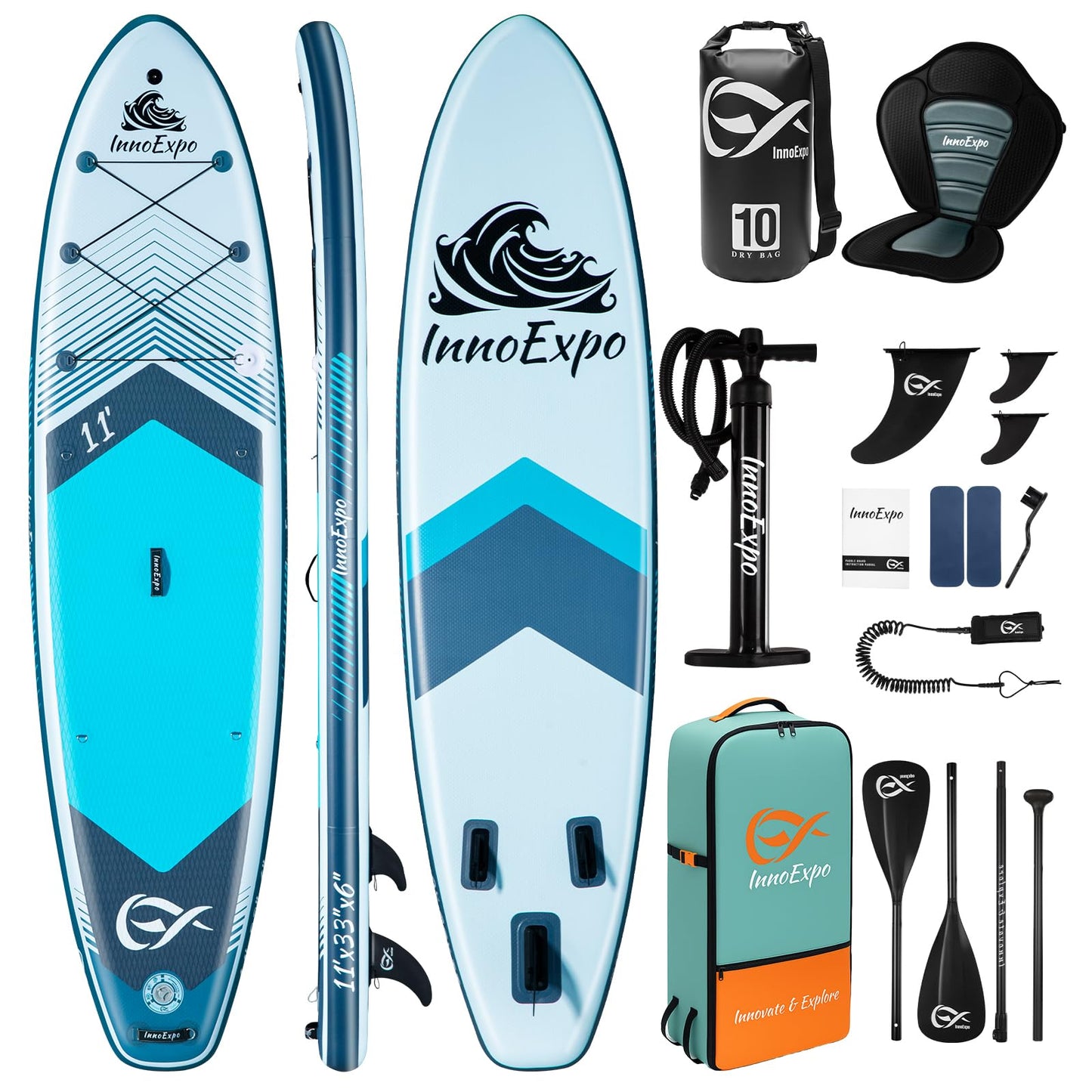 InnoExpo Inflatable Stand Up Paddle Boards with Premium Accessories, Wide Stable SUP Paddle Board Design, Non-Slip Comfort Deck for Youth & Adults (Marine/Kayak Seat, 11'x33''x6'')