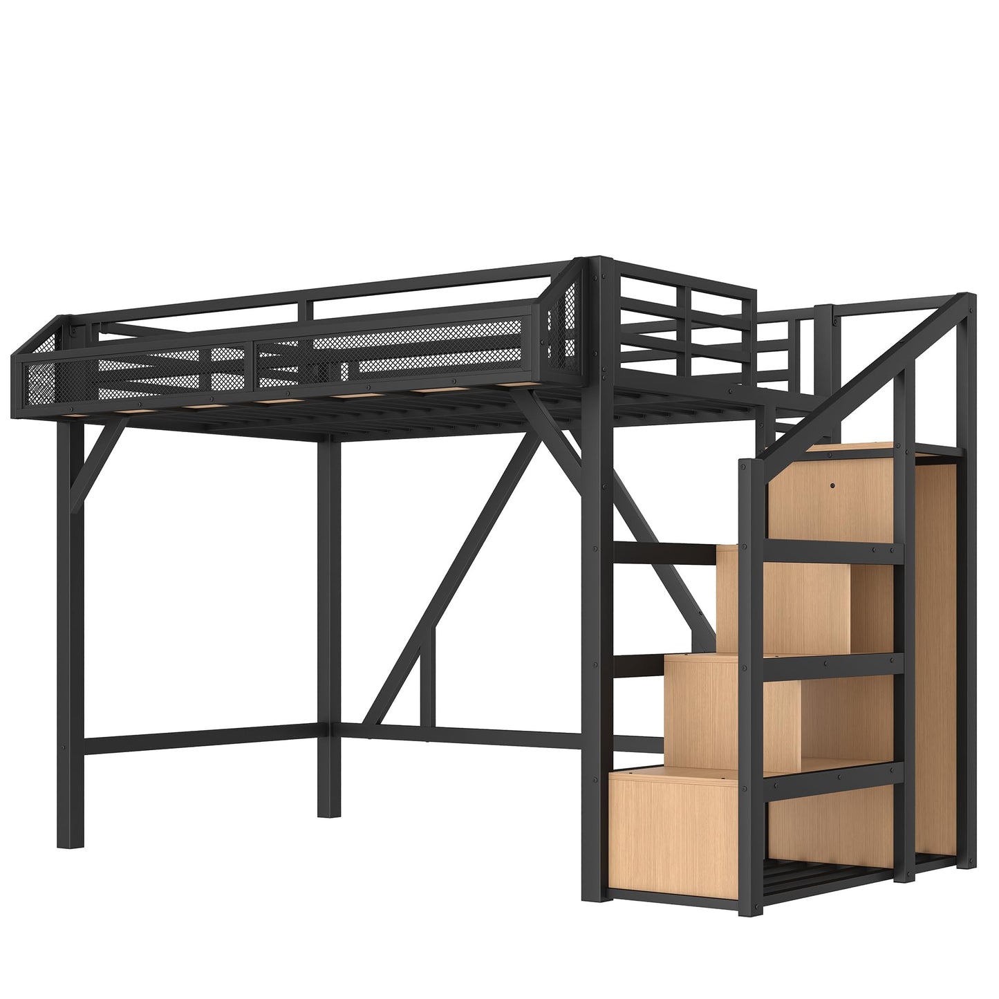 Bellemave Twin XL Size Loft Bed with Stairs and Wardrobe,Heavy Duty Metal Loft Bed Frame with Shelves,LED Lights and Charging Station for for Kids,Teens,Adults,Natural Wood