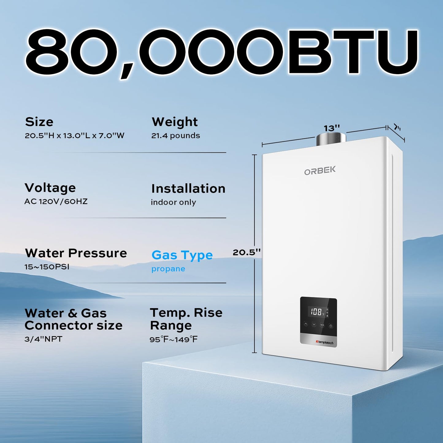 ORBEK Propane Tankless Water Heater 80,000 BTU 3.6 GPM Indoor CSA Certified Low Flow 0.53 GPM On-Demand for Cabins Tiny Homes 1-Bathroom with Remote Control LED Display