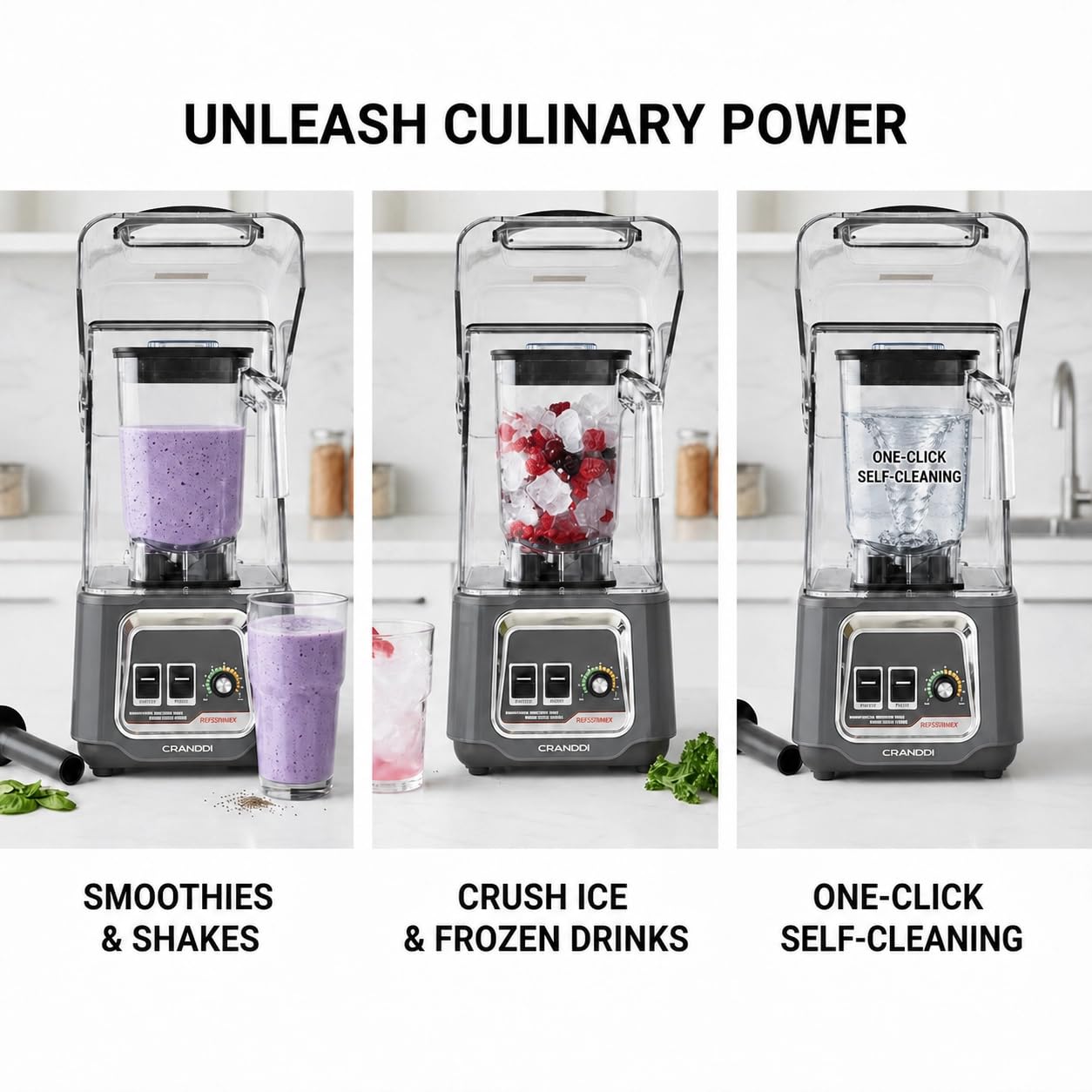 CRANDDI Commercial Blender, 2200W Countertop Blenders with Removable Shield, Quiet Smoothie Blender for Shakes and Ice Crushing, 52oz, 38000 RPM Professional Blenders for Kitchen, K80 (Grey)