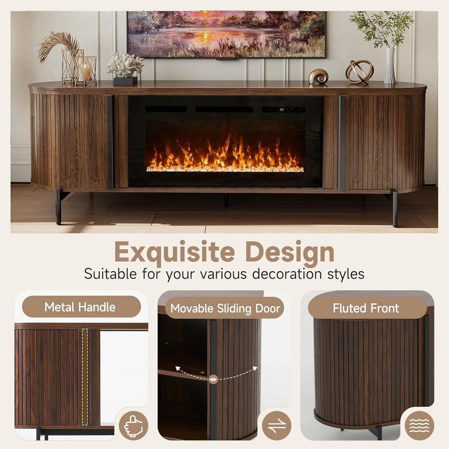 Nordivale Luxury 70" Fluted TV Stand with Fireplace, Modern Chic Entertainment Center for TVs Up to 80", TV Console for Living Room, Media Cabinet with Storage,70 Inch, Walnut