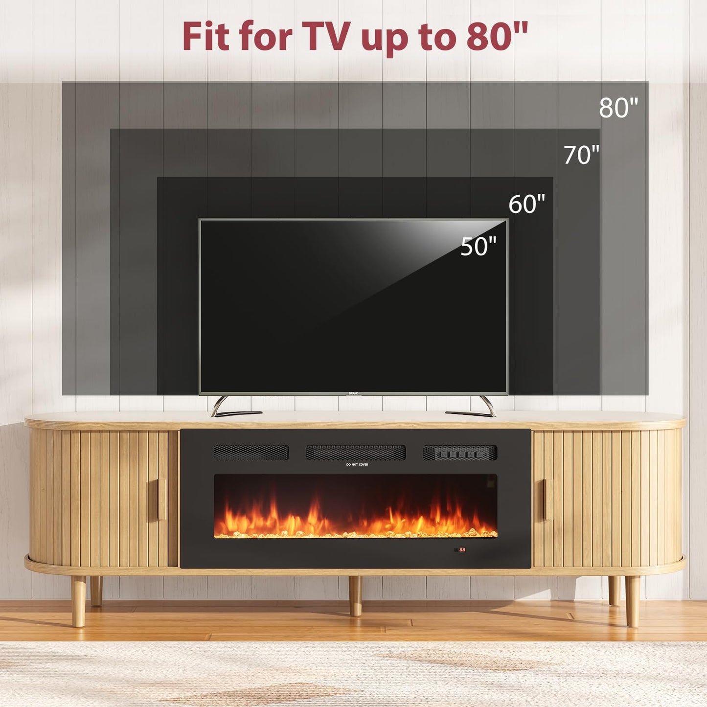 MXV 70″ Fluted Fireplace TV Stand, Mid Century Modern TV Stand with 36″ Fireplace for TVs Up to 80", Entertainment Center with Sliding Door & Solid Wood Legs, for Living Room, Oak