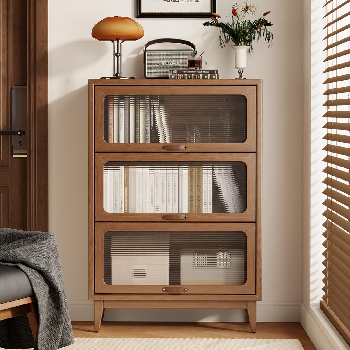 AQIMUELE Solid Wood Bookcase with Glass Doors, 3 Shelf Bookshelves and Bookcases, Mid Century Modern Bookshelf with Glass Doors, Kitchen Pantry Cabinet (Walnut, 31.5" W)