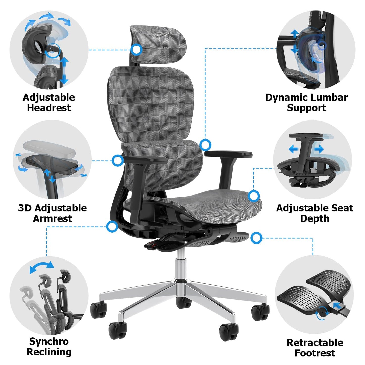 PatioMage Ergonomic Office Chair, Big and Tall Desk Chair with Adjustable Lumbar Support & Seat Depth, High Back Computer Chair, Swivel Mesh Chairs with Wheels for Home Office, Darkgrey