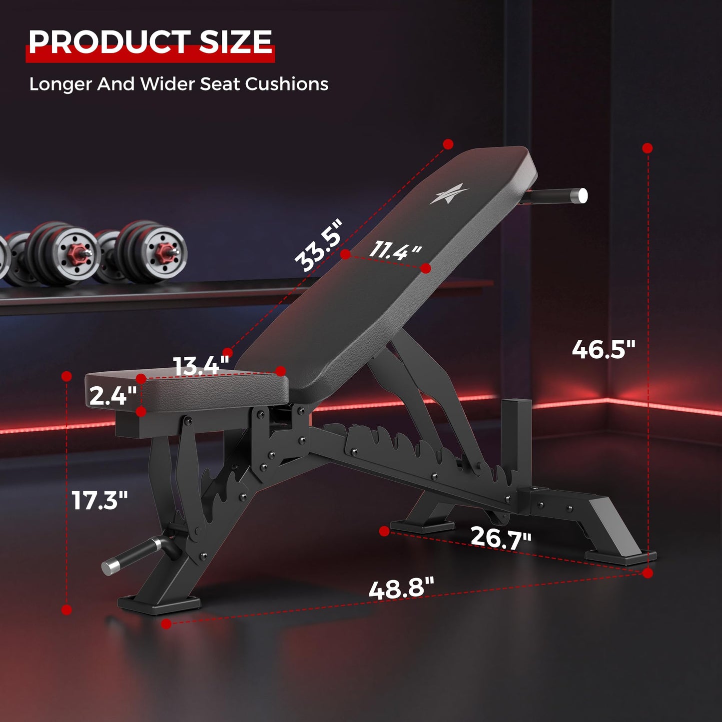 STACOO Weight Bench, Adjustable Workout Bench for Home Gym Full Body Workout, 1300LBS Weight Capacity Bench Press, Flat/Incline Bench with 33" Extra-Long Backrest & Wheels