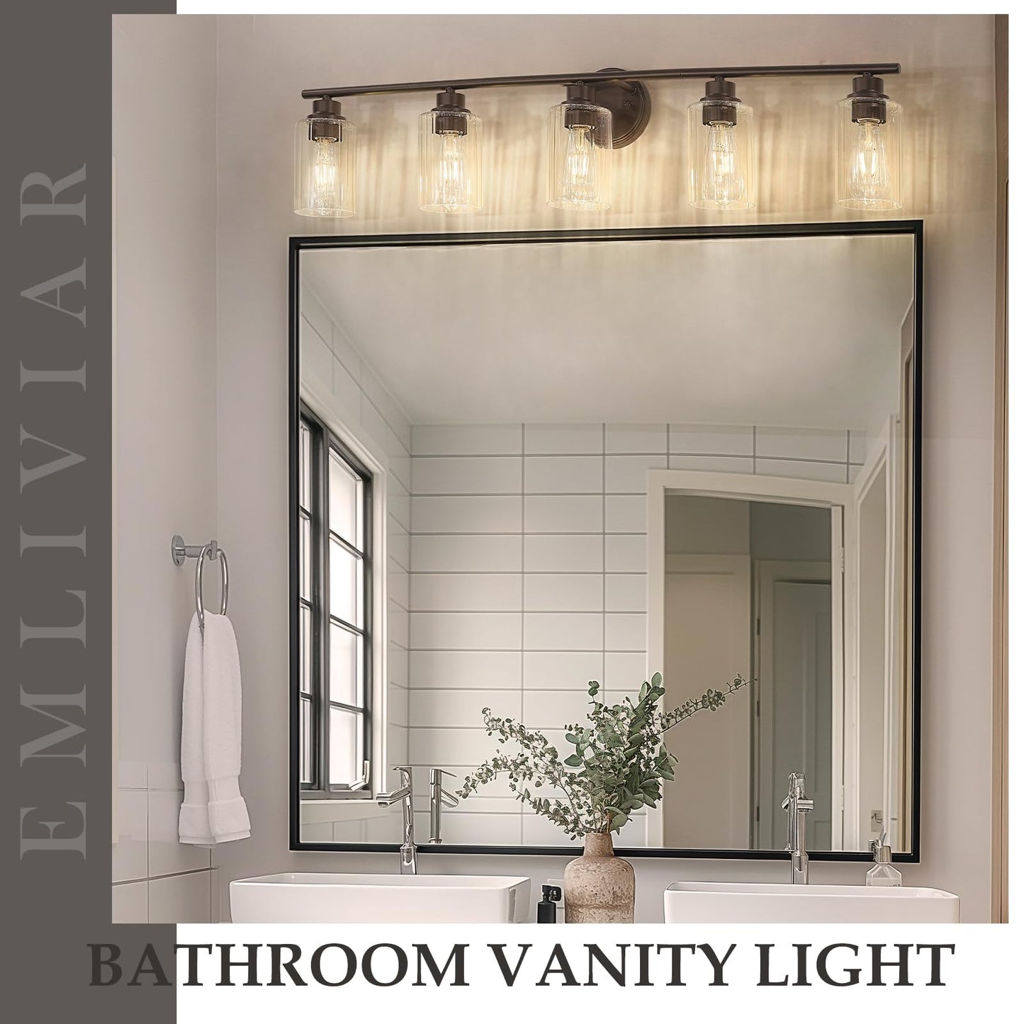 Emliviar Rustic Vanity Light Fixture, 5-Light - 40 Inch, Fluted Ripple Glass, Oil Rubbed Bronze Finish, Model YE295B